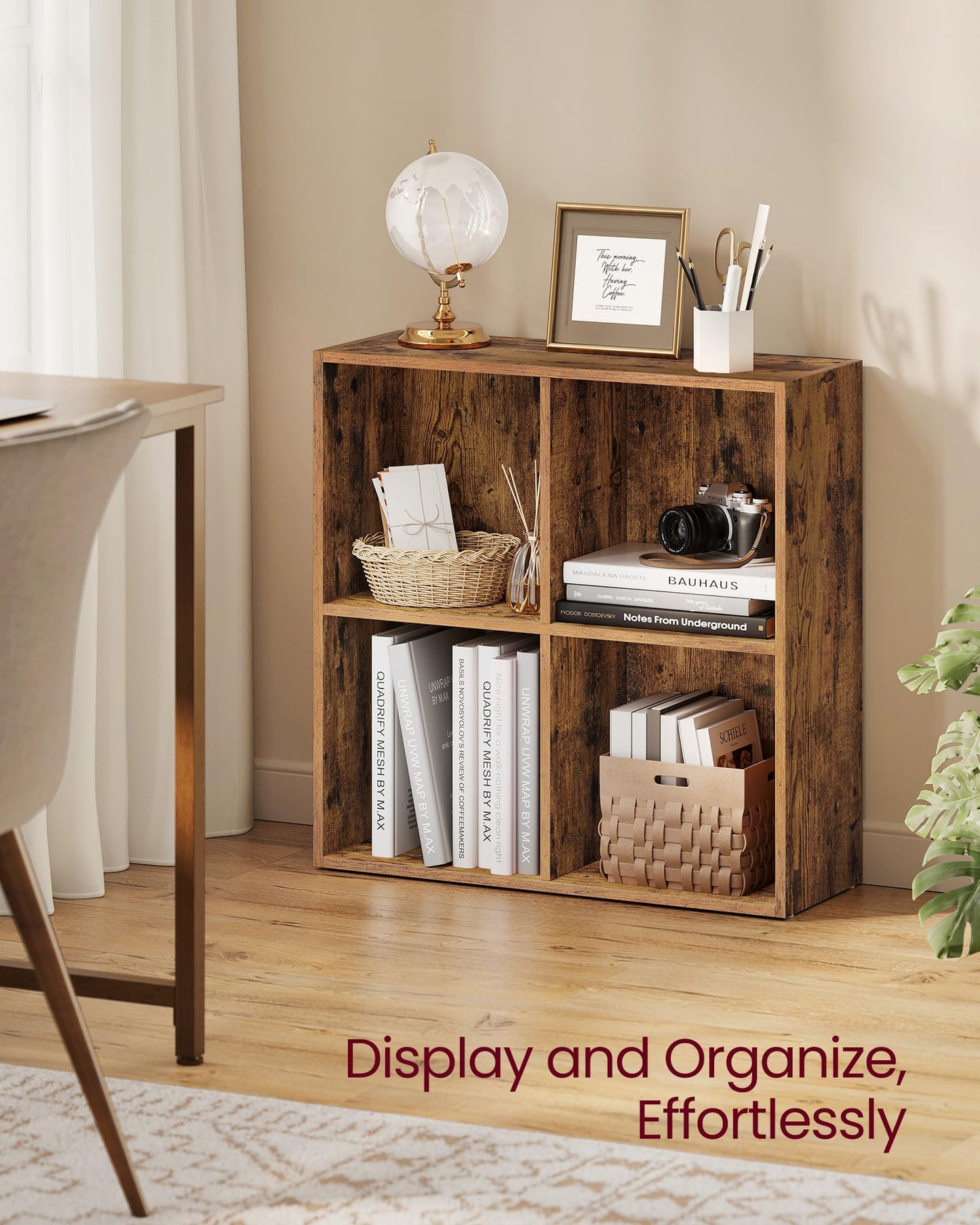 VASAGLE Custos Collection - Bookshelf, Bookcase, Cube Shelf with 4 Compartments, 9.4 x 26 x 26 Inches, Storage Shelf, for Living Room, Home Office, Dining Room, Rustic Brown ULBC476K01