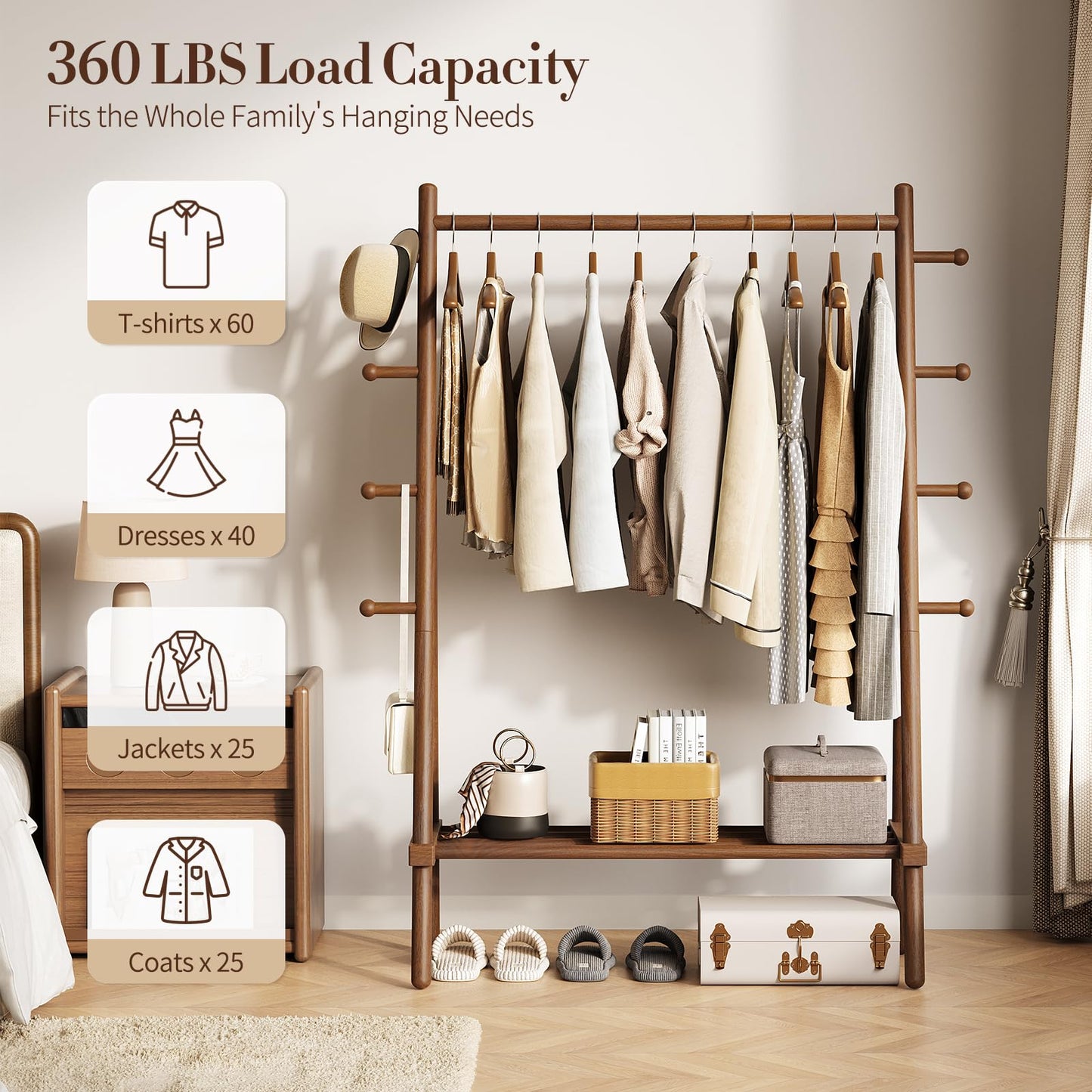 Yoobure Solid Wood Clothes Rack - Heavy Duty Clothing Racks for Hanging Clothes with 8 Hooks, Portable Garment Rack for Dress Shirt Shoe, Freestanding Wardrobe Coat Racks with Shelf for Closet Bedroom