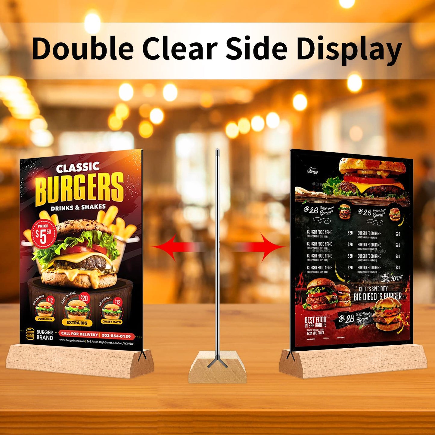Acrylic Sign Holder 4 x 6 - Wedding Table Number Holder with Wood Base, Double Sided Picture Frames, 6Pack Clear Table Menu Display Stand for Centerpiece,Decoration,Party,Restaurants Office Store