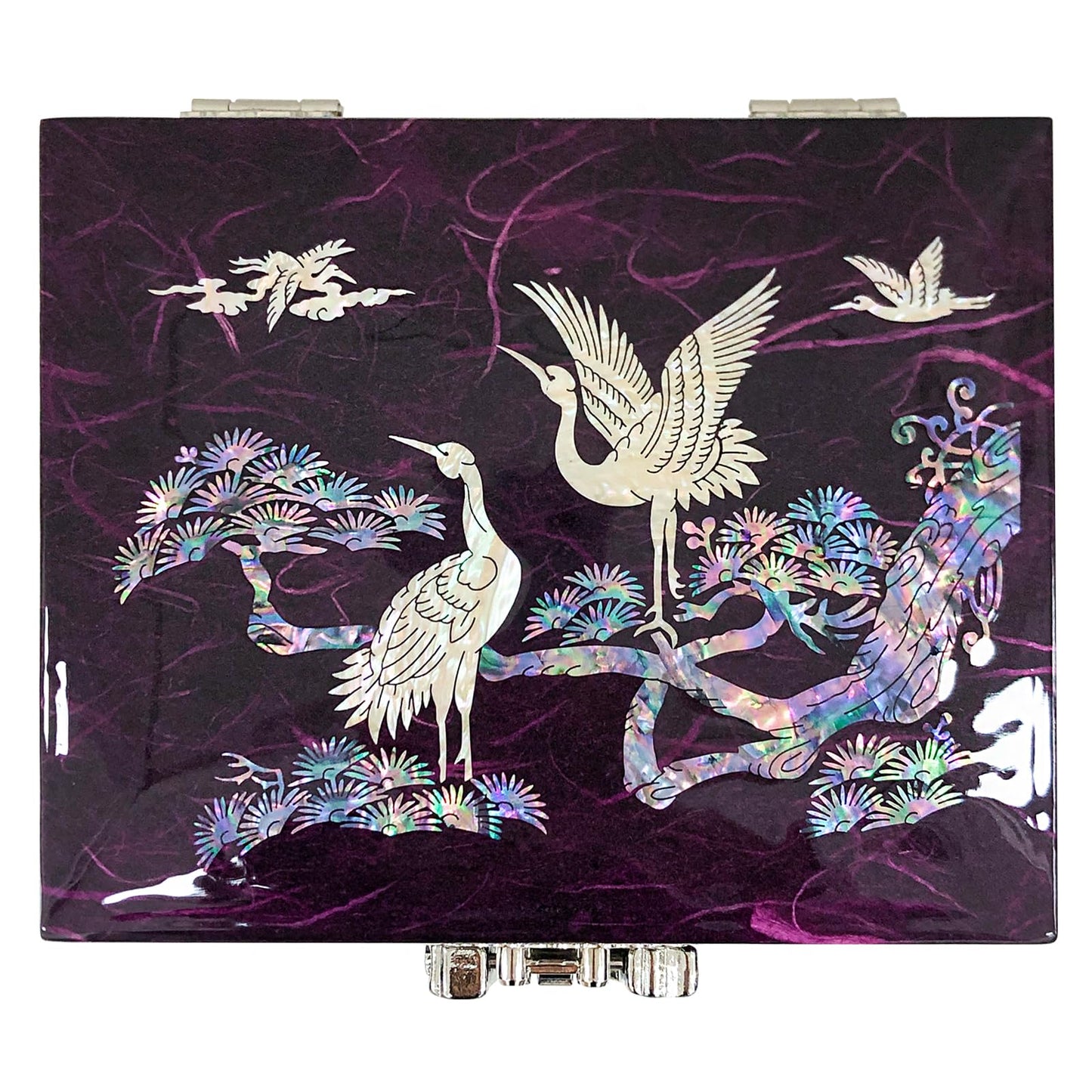 Fun-Store Nacre Inlay Mother of Pearl Music Jewellery Storage Chest Wooden Box Crane with Pin Tree Design Jewelry Mirror Box Keepsake Treasure Gift Box Trinket Case Organizer (Purple)