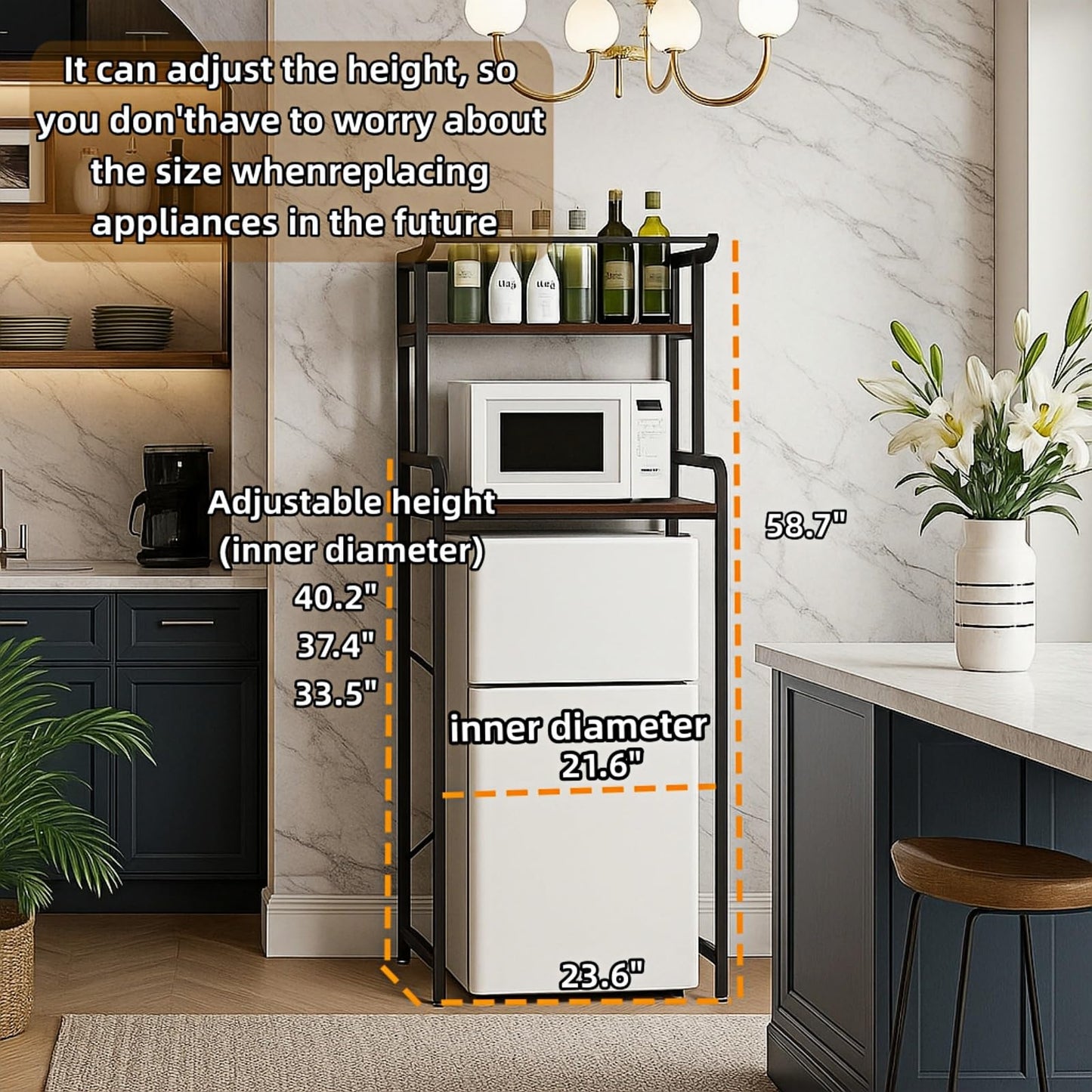 Dorm Mini Fridge Microwave Oven Shelf, with a Free Fridge Hanging Bag, Kitchen Small Fridge Top Space Storage Rack, Wooden and Metal Adjustable Size(23.6" Lx 19.7" W x 58.7" H)
