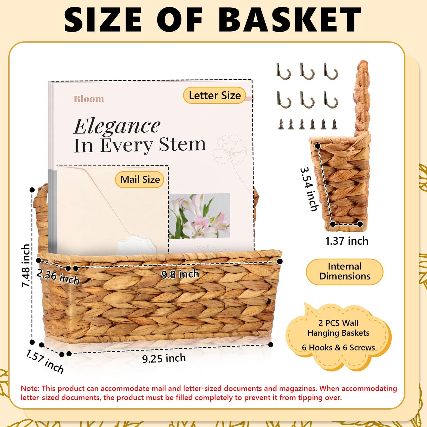 2 Pcs Woven Mail Holder Wall Mount Basket 9.25x1.57 Inch Rattan Wall Letter Holder Wicker Wall Basket Storage Water Hyacinth Hanging Storage Basket with Hooks Magazine Basket for Mail Envelope Office