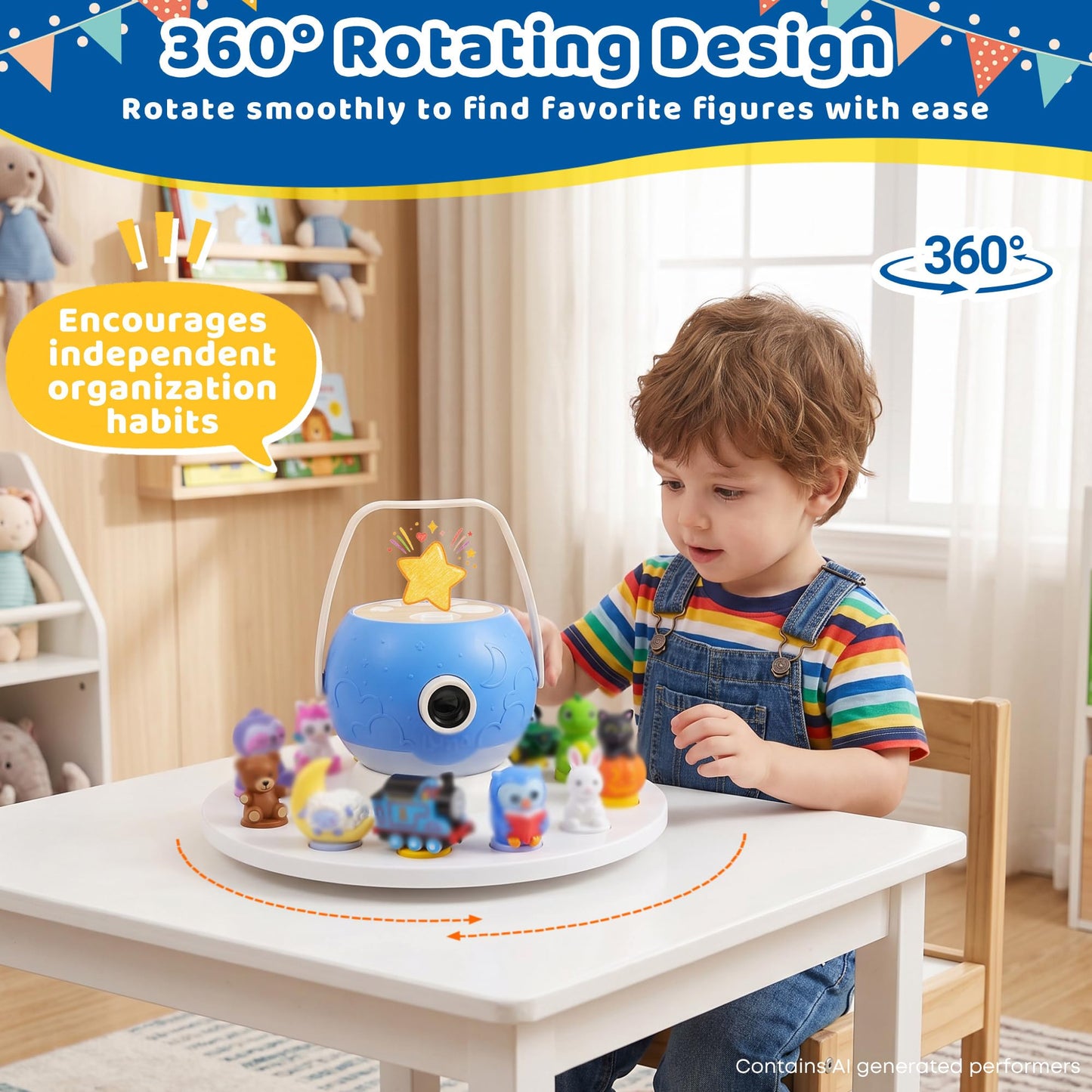 Round 360°Rotating Storage Shelf for Luna Storytime Projector And Character,Display Stand for Luna Projector Figurine Cartridge Figures Organizer Holder,Pine Wooden,for Kids Play Room(White)