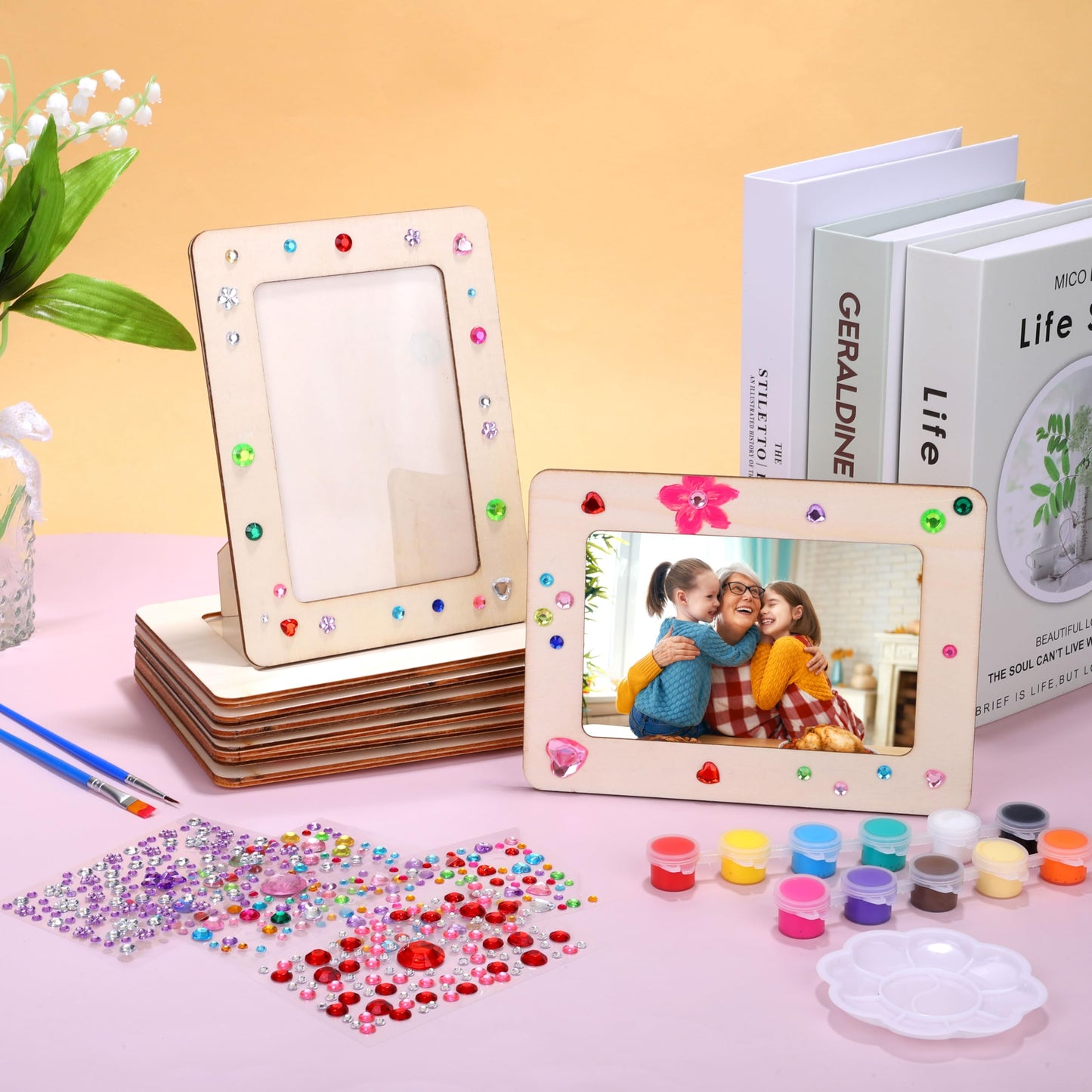 Fovths 30 Pcs Wooden Picture Frames for Crafts, 4 x 6 Inch DIY Wood Frames with Gem Stickers Acrylic Paint Brushes Palette, Unfinished Wood Photo Frame for DIY Painting Arts Projects Decorate