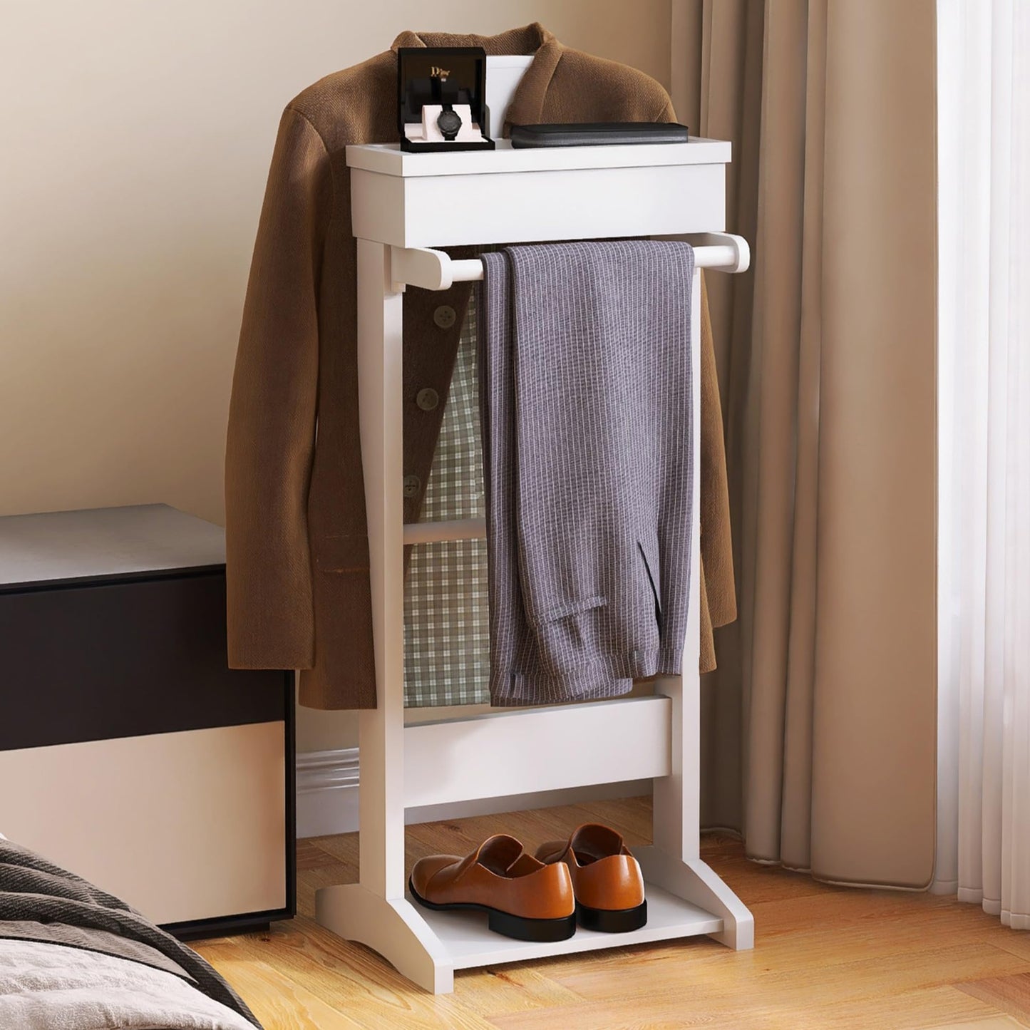RELAHOGAR Suit Valet Stand for Men, Wooden Mens Valet Stand with Tray Organizer, Shoe Shelf, Hanging Rod & Suit Rack, Freestanding Clothes Rack for Bedroom, Entryway, Office, White