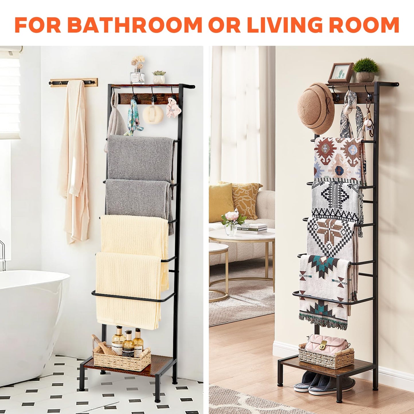 DGWJSU 7 Tier Blanket Ladder for The Living Room and Bedroom, 5.12 Ft Farmhouse Ladder Shelf with 2-Tier Storage Rack, Decorative Ladder with 4 Coat Hooks, Blanket Rack,Ladder Shelves