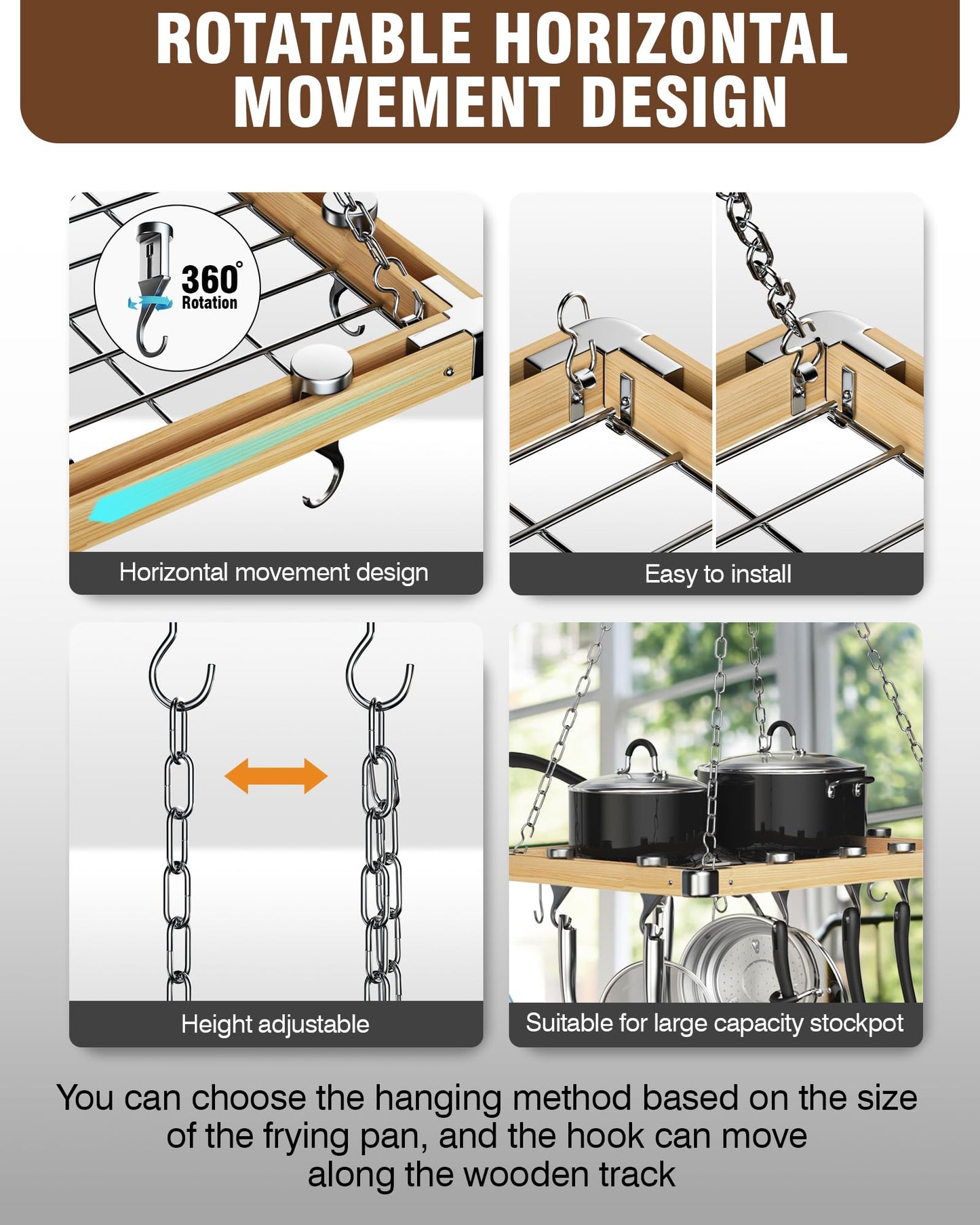 Cooks Standard Classic Ceiling Wood Pot Rack, 24x18 Inch Heavy Duty Hanging Cookware Organizer with Metal Grate & Solid Cast Aluminum Hooks, Movable Tracks Design