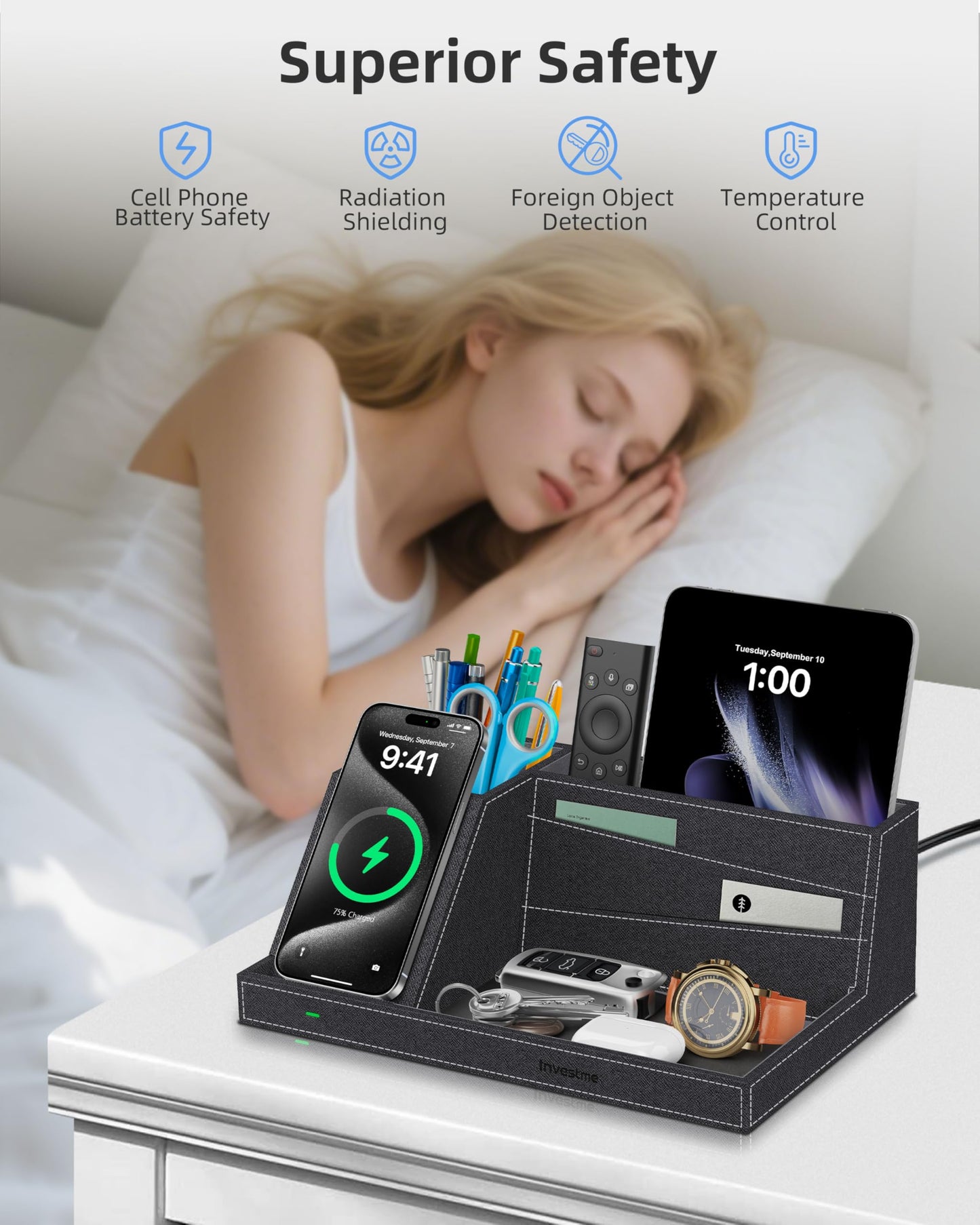 Investme Wireless Charger with Desk Organizer, Fast Charging Station for iPhone 16/15/14/13/12/11 Pro Max, Desk Phone Charger Stand, Desktop Nightstand Organizer Pen Holder for Home Offfice Supplies