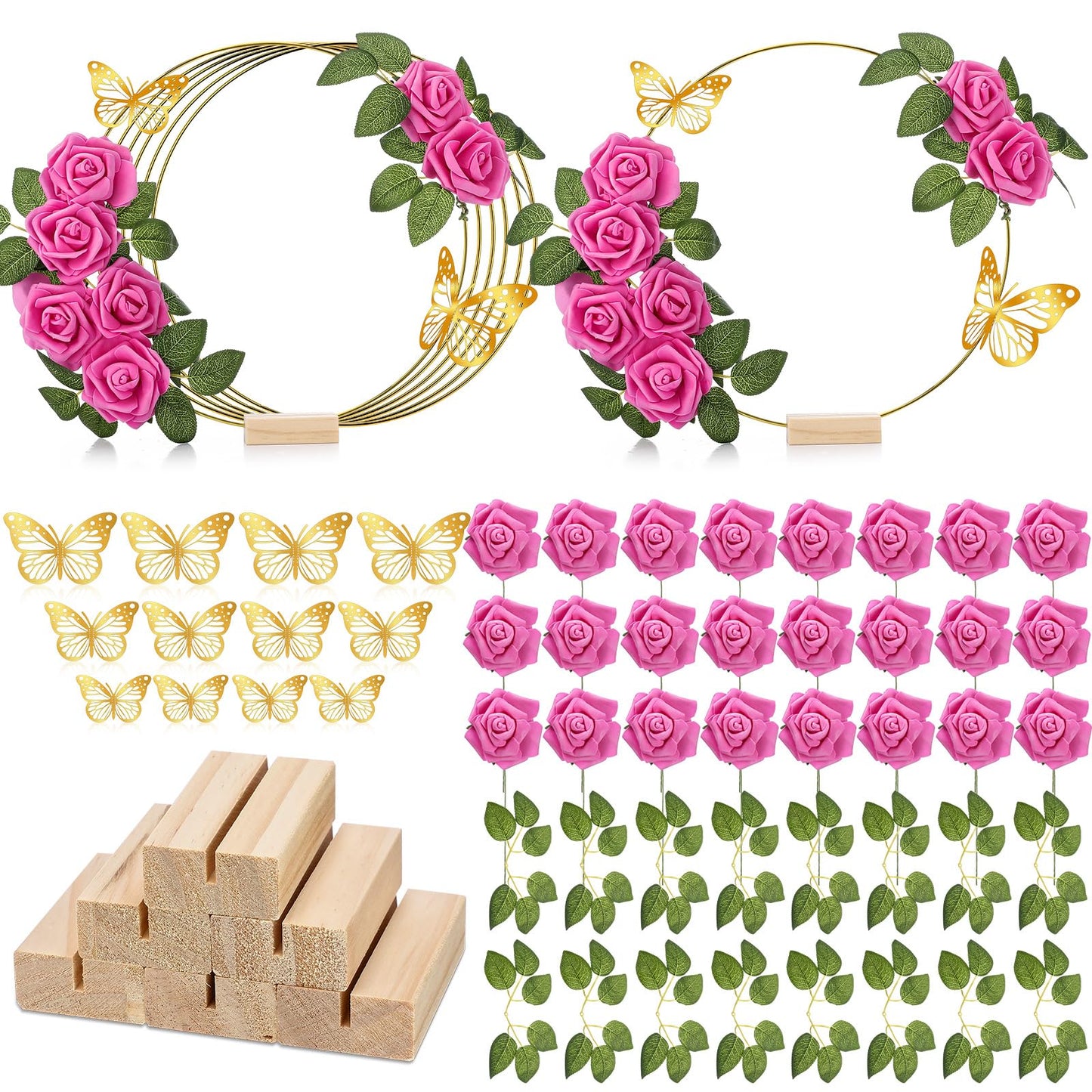 Suncalla 6 Pack Floral Hoop Centerpieces Table Decorations Kit Include 6 Metal Wreath Ring with 6 Wood Base 50 Rose Flower 12 Faux Butterfly for DIY Home Wedding Table Decor (Gold Hoop, Fuchsia Rose)