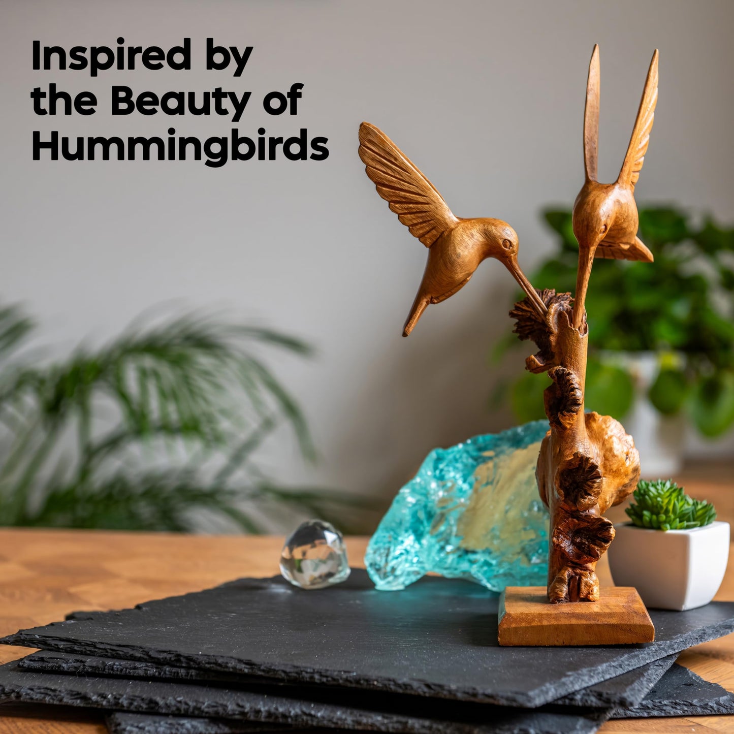 Curawood Hummingbird Statue - Artisan-Crafted Bird Statues Home Decor - Hummingbird Figurines, Lifelike Humming Bird Decor - Handcrafted in Indonesia