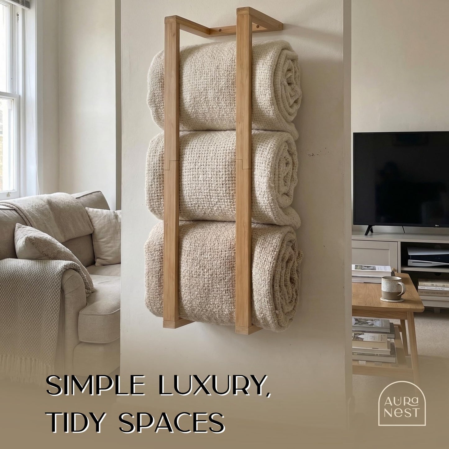 Aura Nest Bamboo Towel Racks - Vertical Wood Towel Rack Bamboo Bathroom Accessories, Storage, Wall Towel Rack for Rolled Towels for Bathroom Furniture, Spa Furniture and Decor