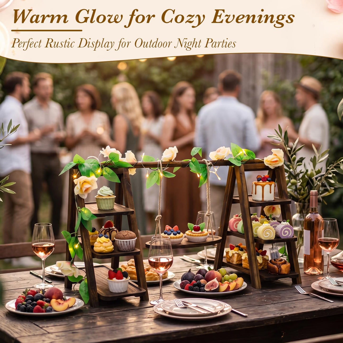 Purpeak Rustic Wooden Cupcake Stand with LED String Lights, 3 Tier Dessert Display Ladder with Swinging Tray, Solid Pine Serving Trays with Flower Vine for Wedding, Party, Birthday Event Table Decor
