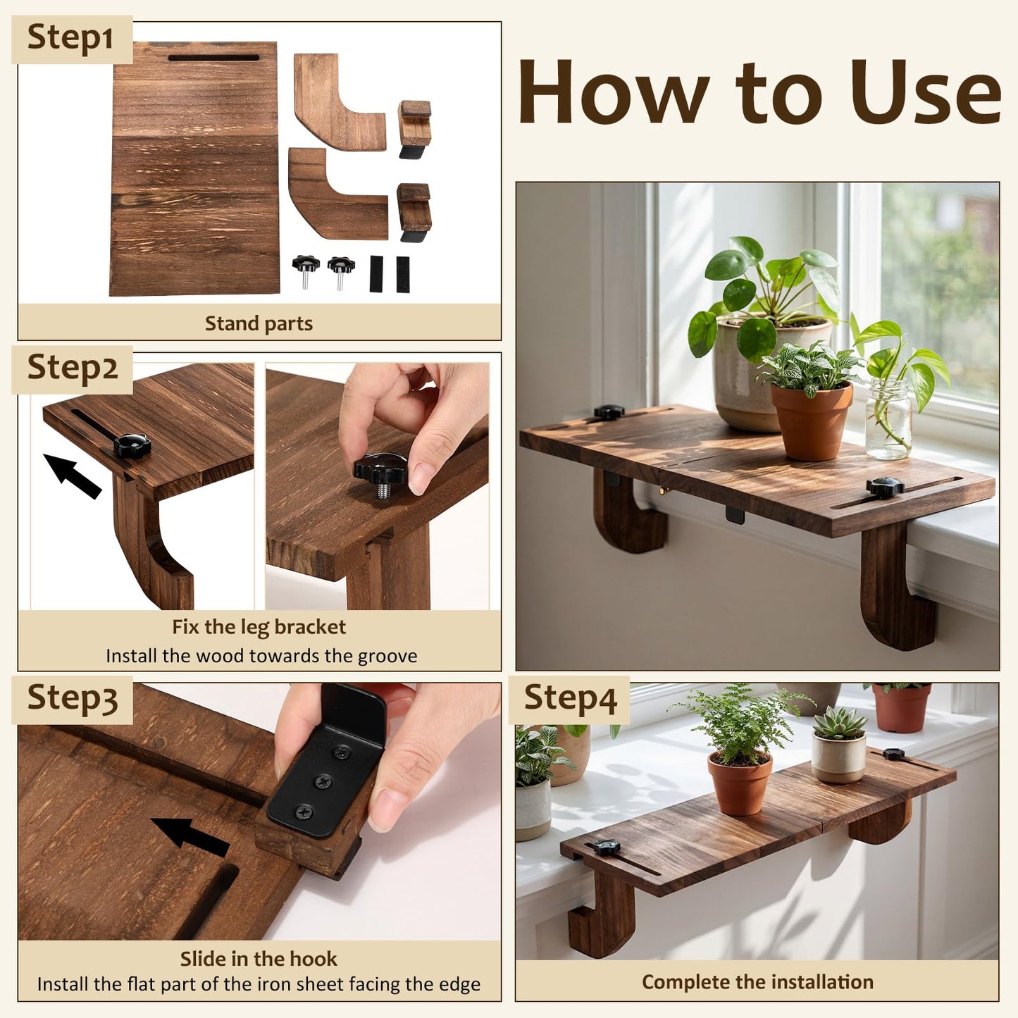 BrightRow 1 Pcs Brown Window Sill Plant Shelf for Plants 21.7 x 7.1 x 5.9 Inch Windowsill Extender Window Plant Floating Shelves No Drilling Wooden Bracket for Cat Perch Planters (Right Angle)