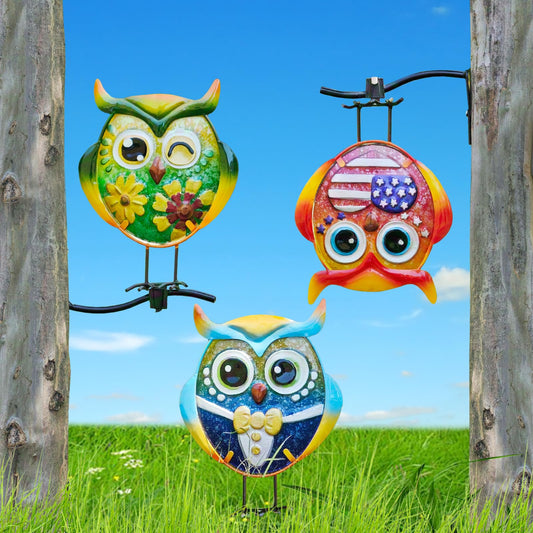 SILERUR Owl Garden Decor for Outside, 3 Pack Metal & Glass Owl Yard Art, Lawn Ornaments Outdoor Decor for Porch Patio, Housewarming Birthday Gifts for Grandma Mom Women