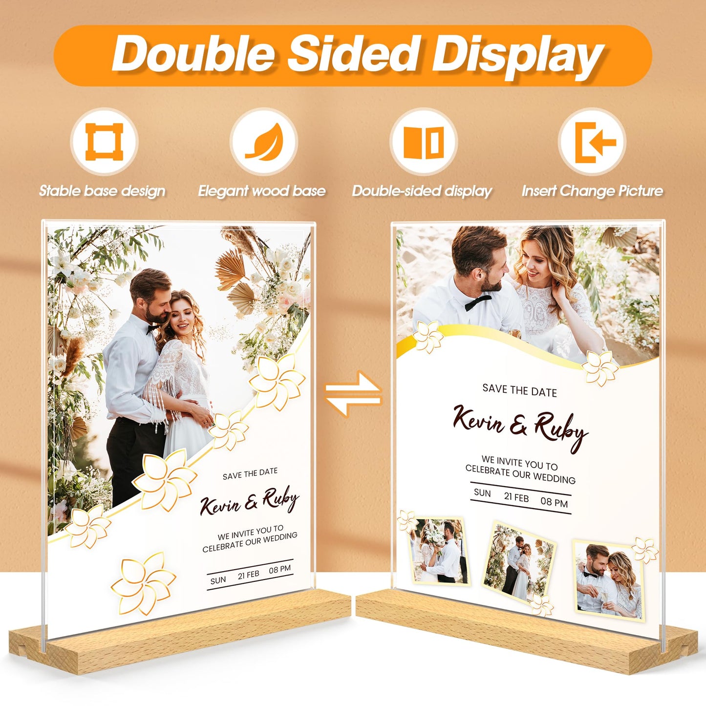SVOPY 8.5 x 11 Acrylic Sign Holder with Wood Base - Tabletop Display Menu Stand - Clear Plastic L/T Shape Vertical or Slant Back Paper Holders - 3 pack