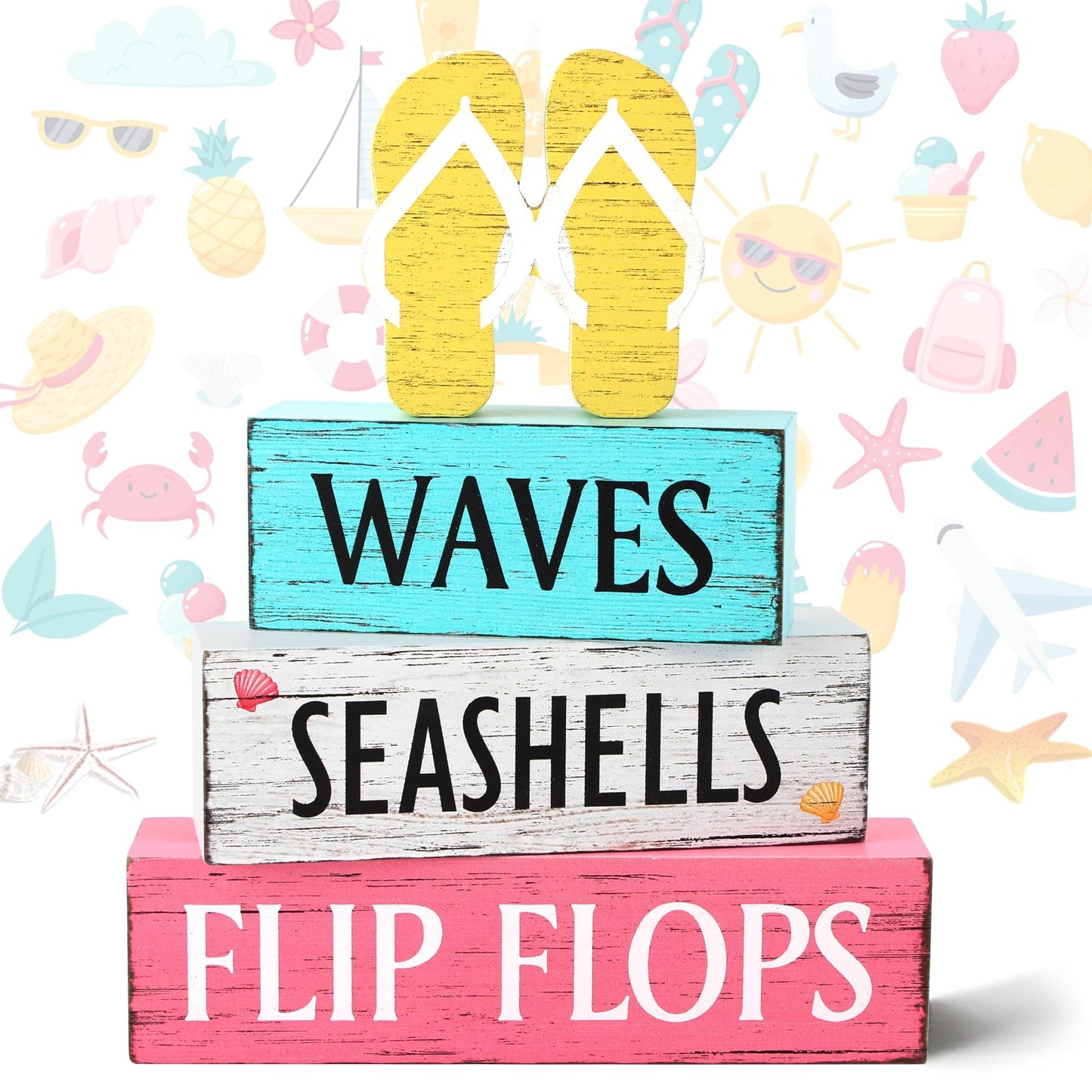 4 Pcs Summer Wooden Tiered Tray Decor, Flip Flops Decorations Gifts for Home, Summer Table Centerpiece for Beach Mantel Party Kitchen Hawaii