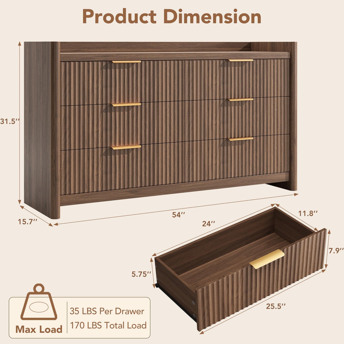 Decofy 6 Drawer Dresser for Bedroom, Fluted Dressers with Rounded Edge & Raised Lip Top, Anti-Tip Chest of Drawers for Living Room, Hallway, Entryway, Walnut