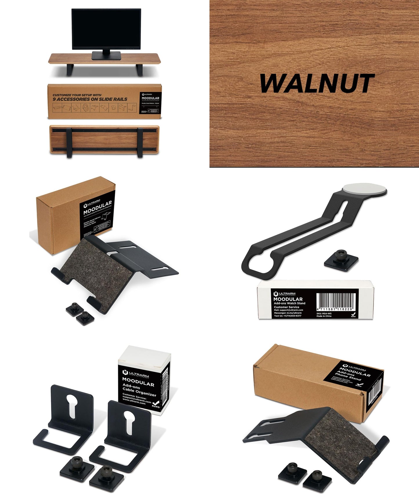 ULTRARM Moodular Wooden Monitor Stand Walnut with Add-on Accessories Phone Stand, Watch Stand, Cable Organizer, Tablet Stand