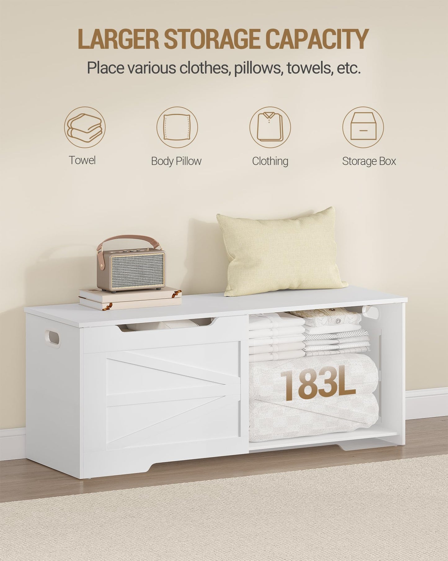 Hzuaneri 47.2" Storage Chest, Extra Large Storage Trunk with 2 Hinges, Wooden Box Bench, Lift-Top Organizer Chest, Shoe Bench for Entryway, Bedroom, Living Room, White SB13403X
