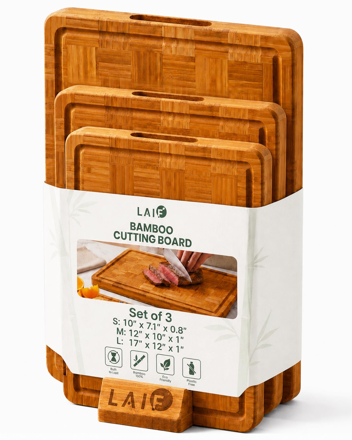 LAIFsolutions Wood Cutting Boards for Kitchen with Juice Groove, Eco-Friendly Wooden Bamboo Chopping board, Food-Safe, Non Plastic Tabla Para, Carbonized Butcher Block for Meat, Veggies Fruits, 3-Set