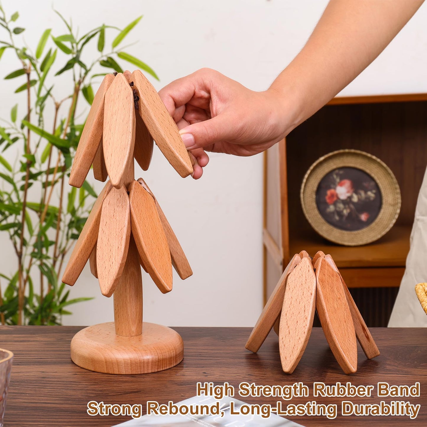 OKOM Wooden Trivets for Hot Dishes - 4+1 PCS Tree Shape Set, Foldable Hot Pot Holders for Kitchen Decor and Use (Beech)
