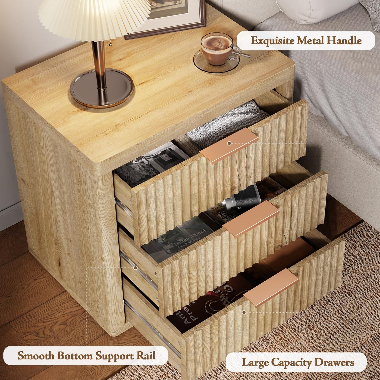 LOOMORA Fluted Nightstand with 3 Drawers, 23" Wide Modern Night Stand, Tall Bed Side Table with Metal Handle, Large Storage End Table, Nightstand for Bedroom, Living Room, Office, Nature