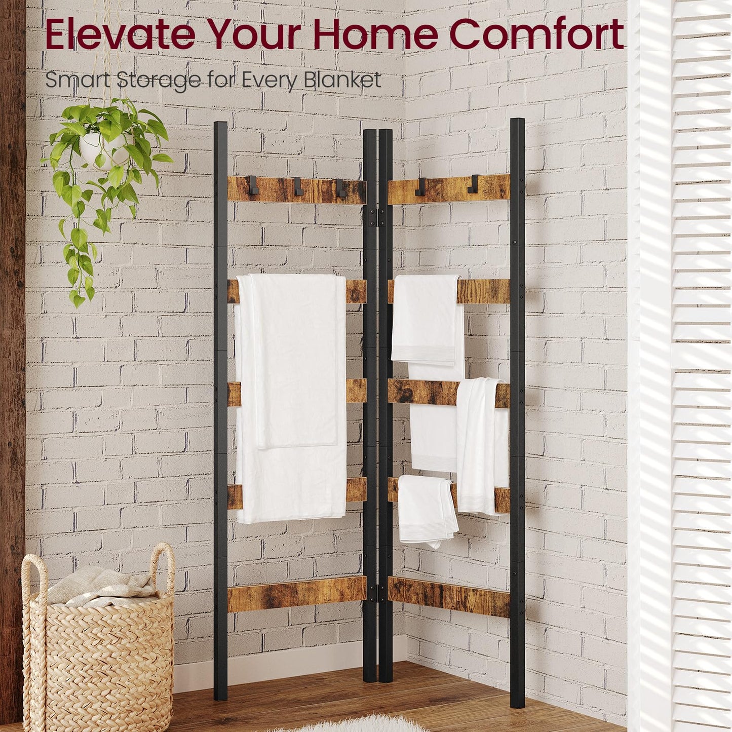 ZIIWIND Foldable Blanket Ladder, 5-Tier Ladder Shelf, Decorative Ladder with 5 Removable Hooks, Wall-Leaning Blanket Holder for Towel, Scarves, Quilt Display Rack for Living Room, Rustic Brown