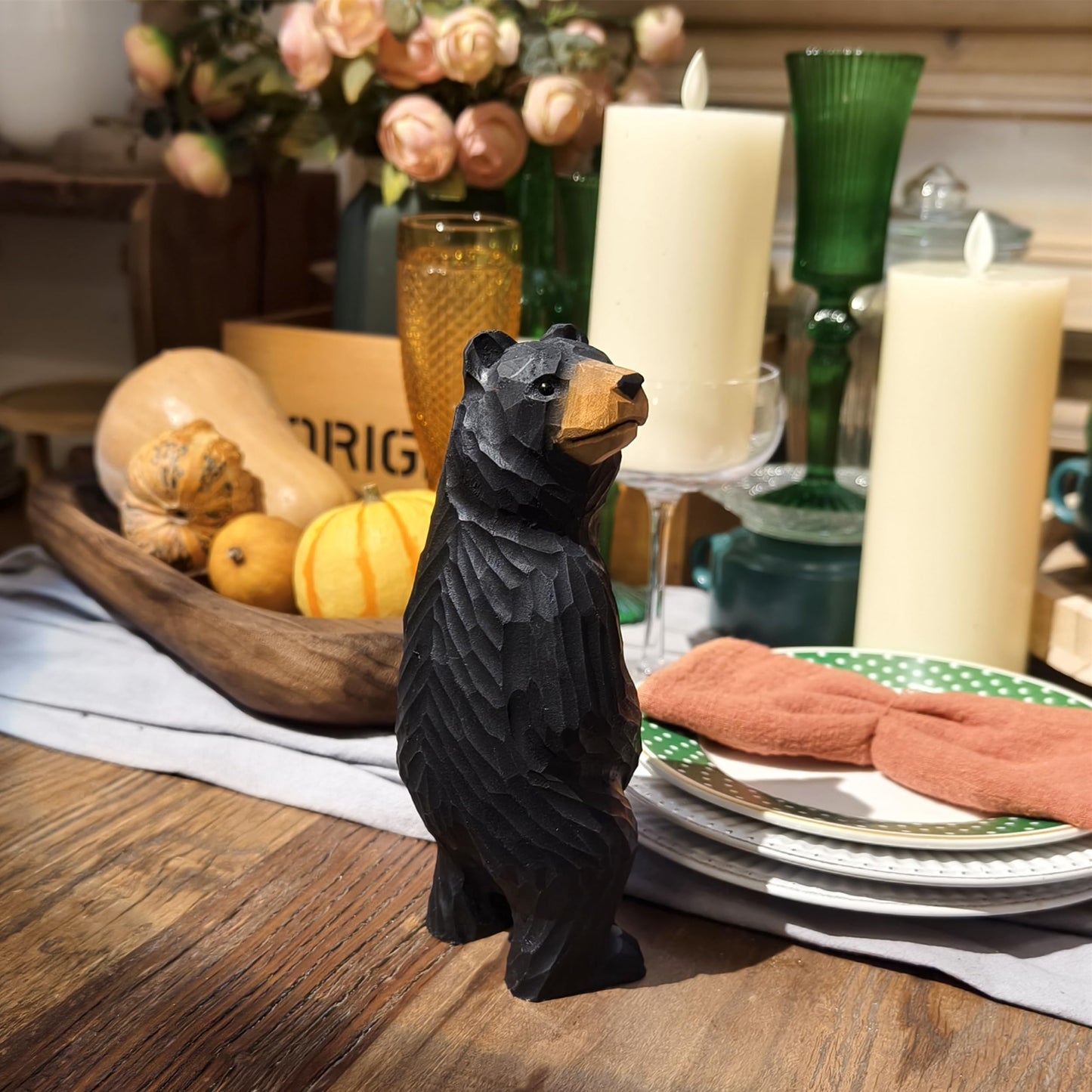 BEAULEMNA 7.5’’HHand Carved Wooden Standing Black Bear Figurine North American Black Bear Figurine for Home Decor Unique Presents and Collectibles