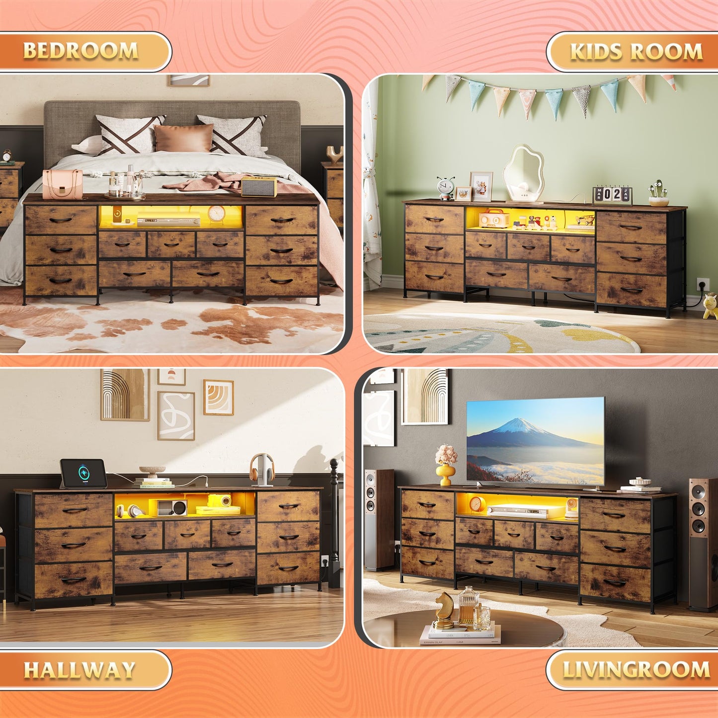 WLIVE 75.5" TV Stand for 65, 75, 80, 85 Inch TV, Dresser for Bedroom with Power Outlets & LED Lights, 11 Drawer Fabric Dresser with Open Shelves, Entertainment Center with Storage, Rustic Brown
