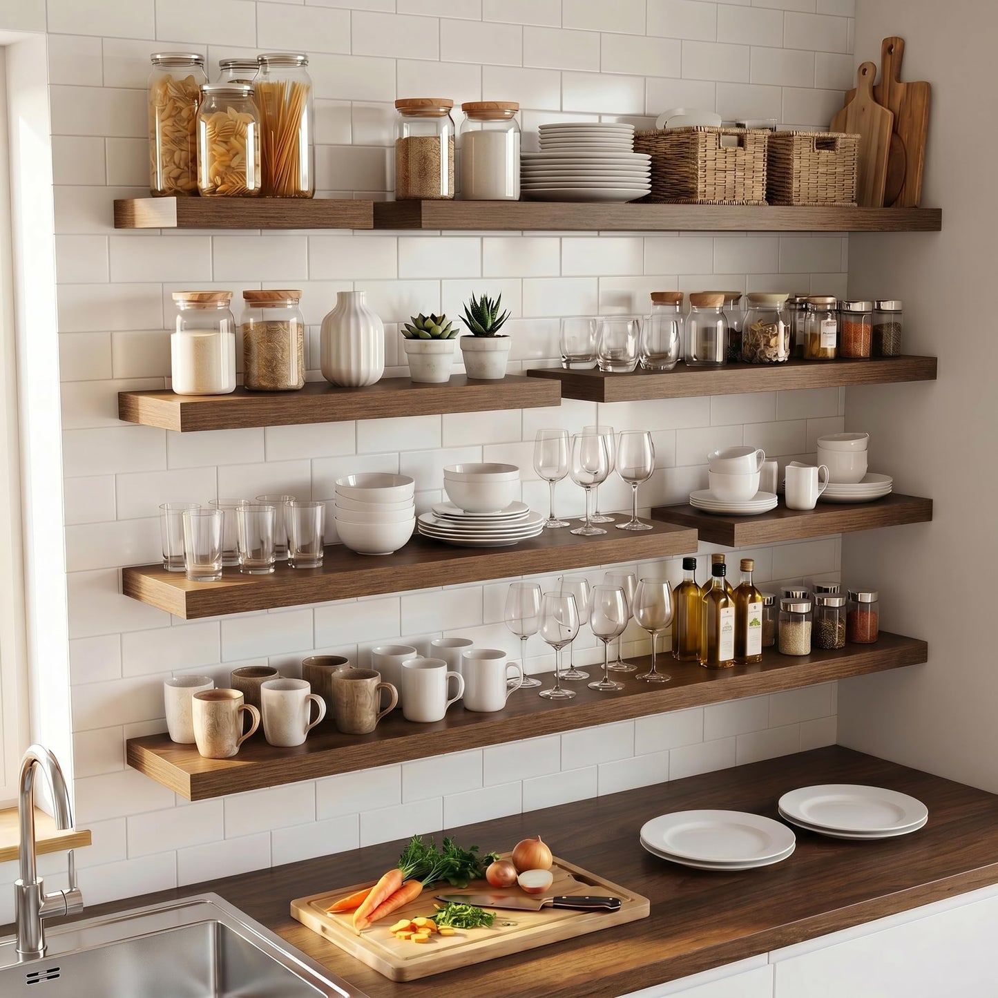 Venusmiles Floating Shelves for Wall, 20 Inch Floating Shelves Set of 2, 6.5" D Wooden Wall Mounted Display Shelves with Invisible Brackets for Living Room, Bedroom, Bathroom, Kitchen Decor, Walnut