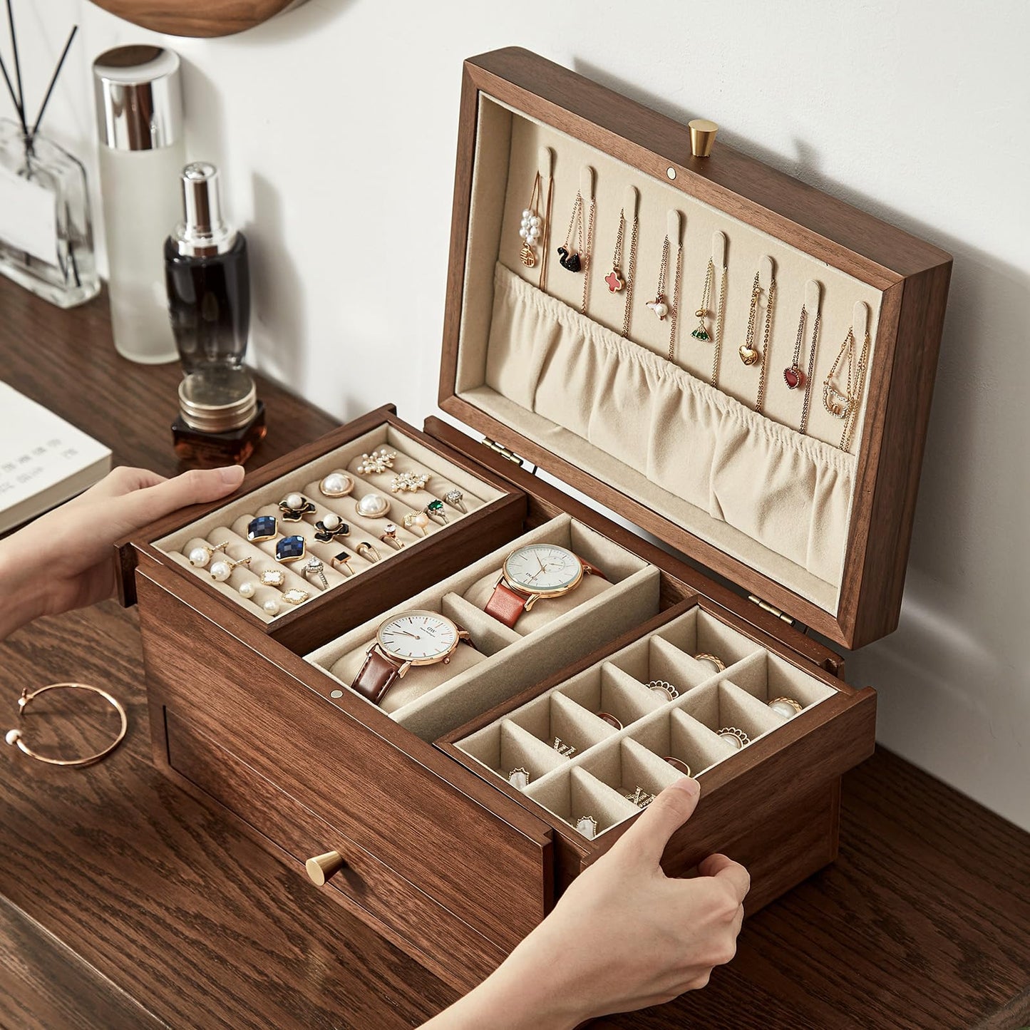 Homruilink Wooden Jewelry Box for Women, 3 Level Multi-functional Drawers Black Walnut Jewelry Organizer Box, Watch, Necklace, Ring, Earring Storage - Fathers Day Gift (No Mirror)