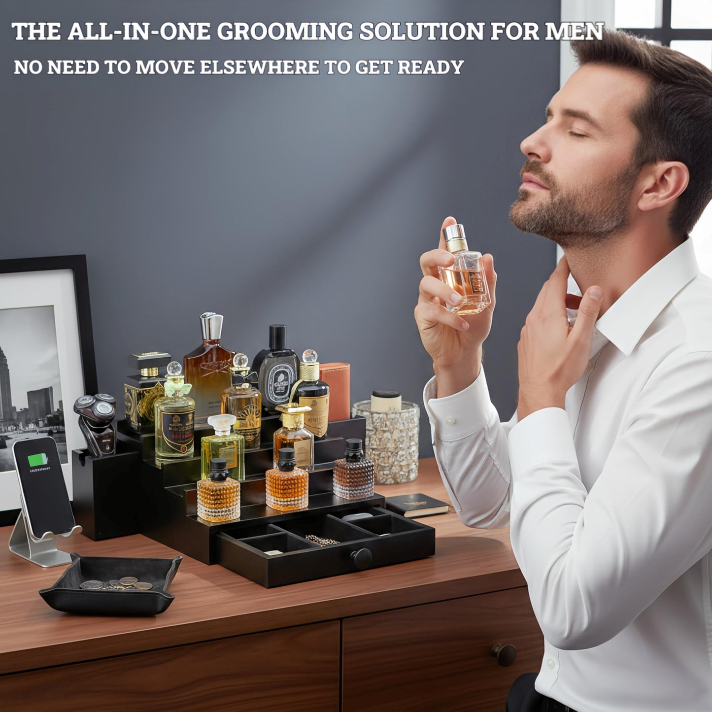 4 Tier Black Cologne Organizer with 4 Tier Grey one