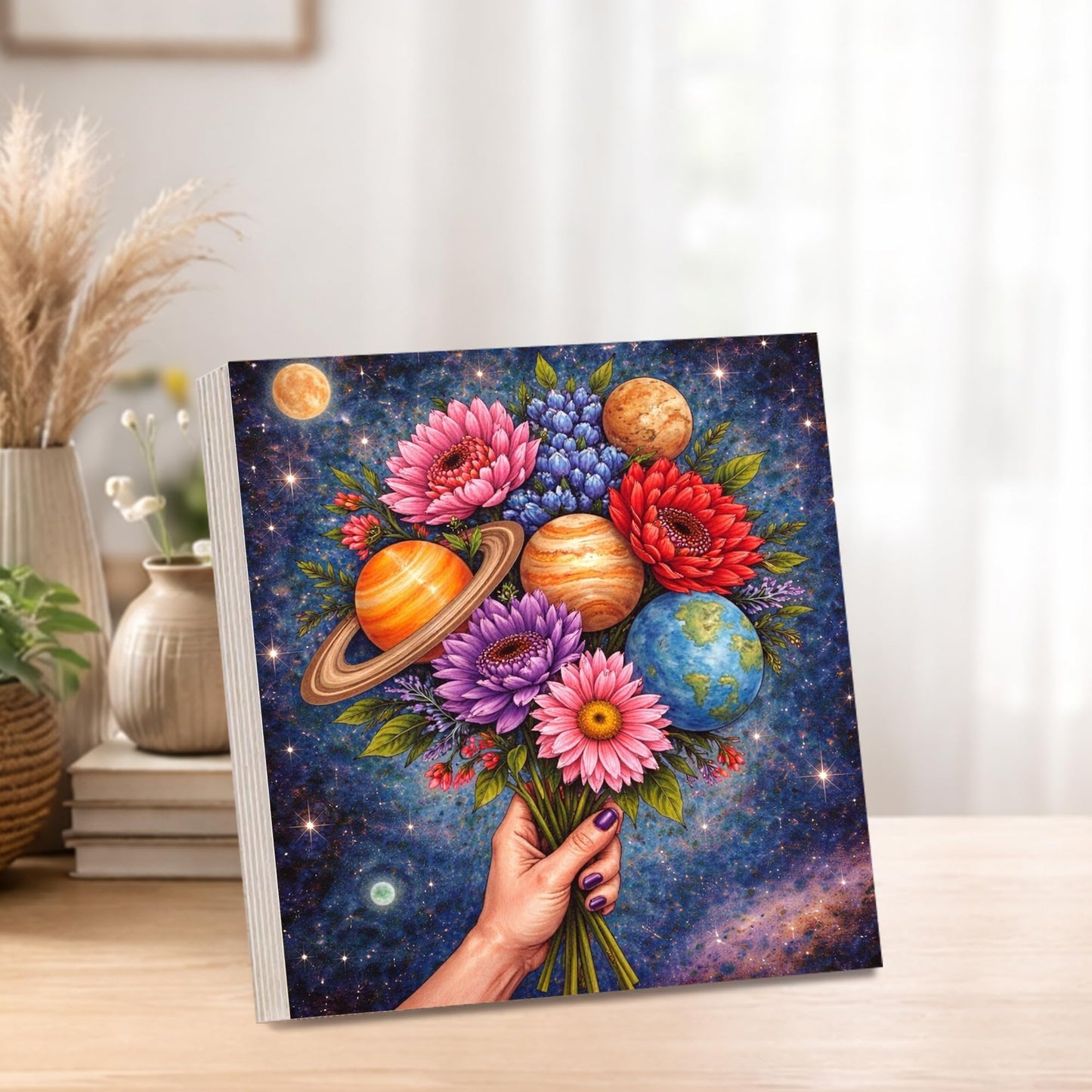 Cosmic Floral Wooden Block Sign, Celestial Flower Bouquet Decor, Galaxy Planet Art Shelf Sitter, Boho Space Table Mantel Tiered Tray Decor Gift for Astronomy Lover