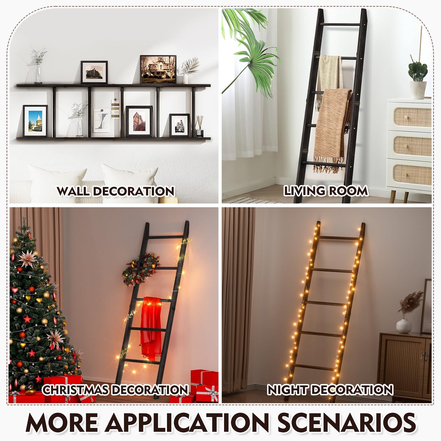 XLHOMO 5-Tier Wooden Blanket Ladder, 63" Rustic Leaning Blanket Rack for Living Room, Decorative Quilt and Towel Holder for Bedroom Bathroom Farmhouse Home Decor, Black