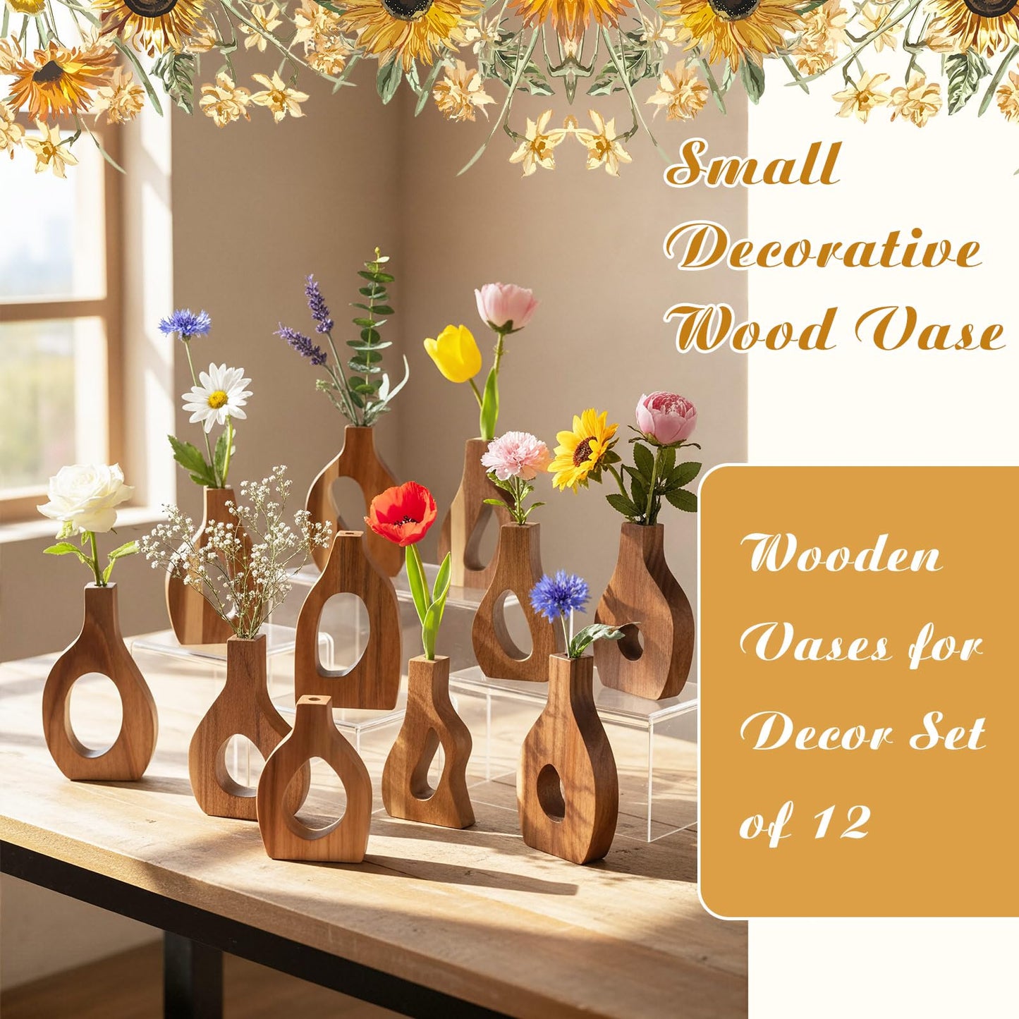 Blulu Set of 12 Small Wooden Vases Bulk for Centerpiece Mini Acacia Wood Vase for Faux Flowers Housewarming Gift Boho Minimalist Home Decor for Kitchen Table Living Room(Natural)
