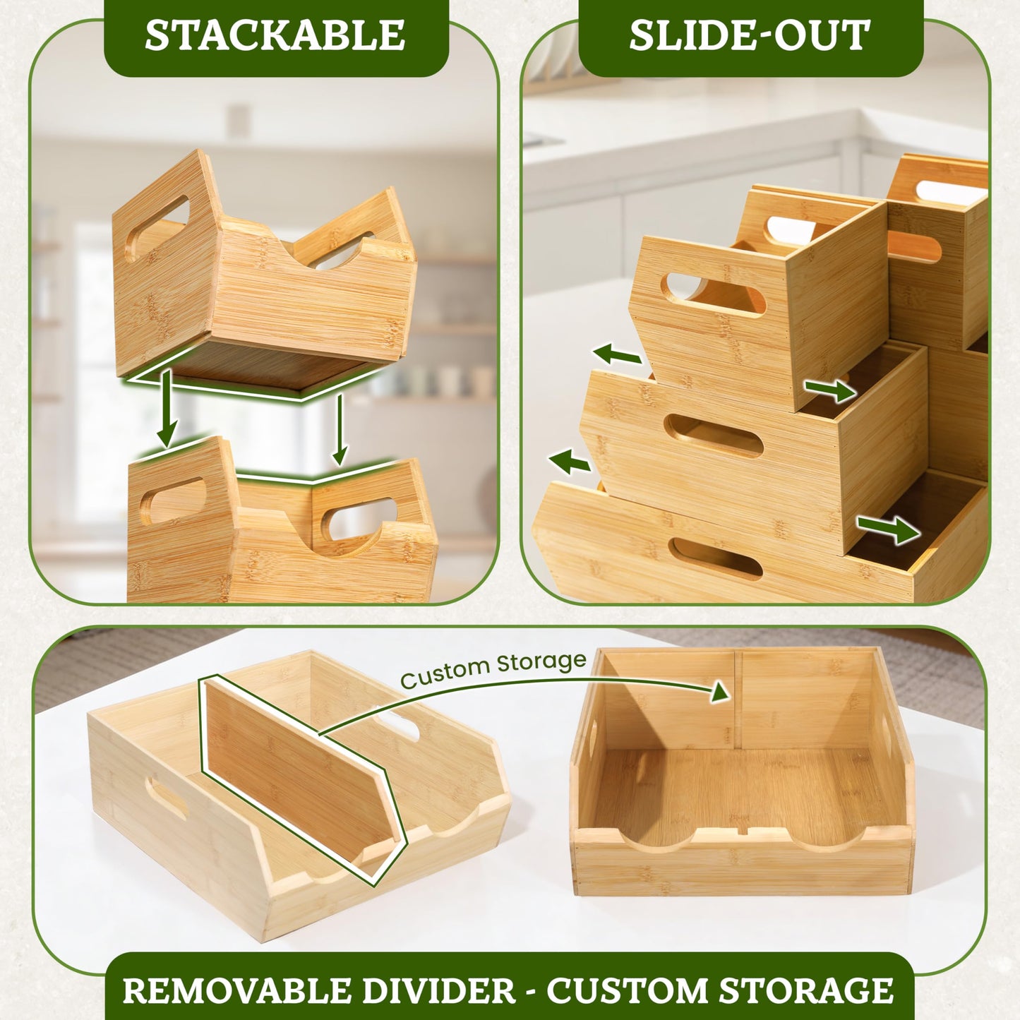 HOMESTEAD 3-Tier Bamboo Pantry Storage Bins – Stackable Potato & Onion Storage Bin with Handles, Fruit Basket & Produce Organizer for Kitchen Countertop, Pantry Organization, Set of 5
