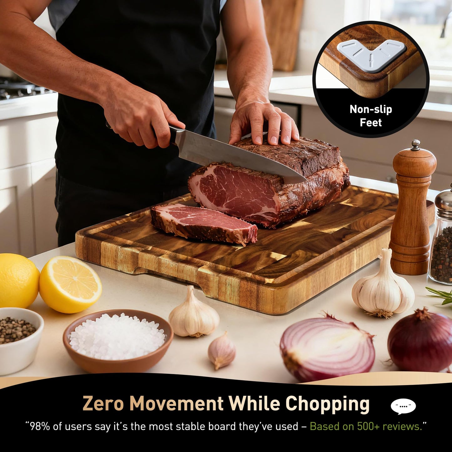 End Grain Cutting Board for Kitchen with Non-slip Feet, Acacia Wood Heavy Duty Checkered Cutting Board Handcrafted Luxury Chopping Board for Cooking and Serving Wooden Butcher Block Non Toxic