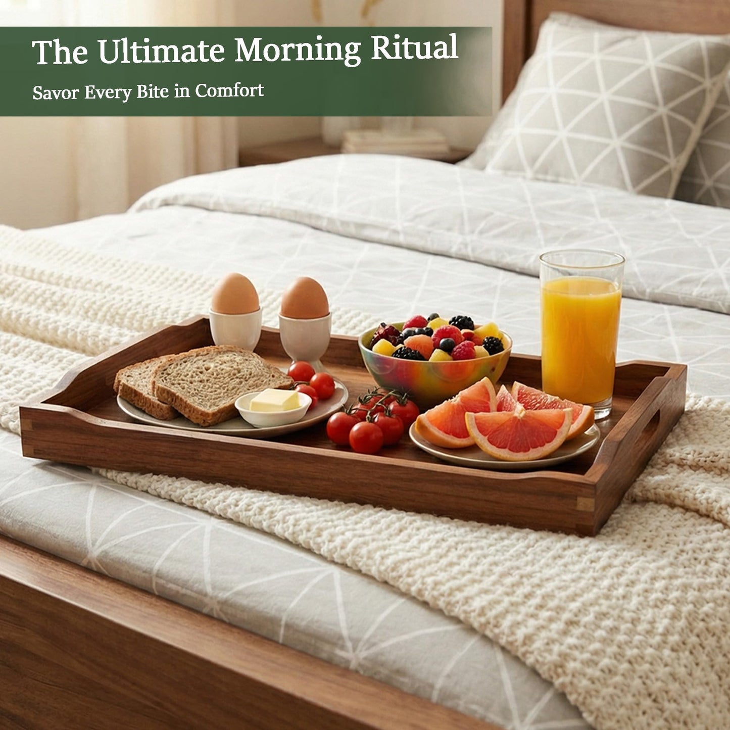 Plusinthebox Acacia Wood Serving Tray with Handles, Rectangular Wooden Ottoman Tray for Coffee Table, Breakfast in Bed, Drinks, Kitchen Countertop and Home Decor