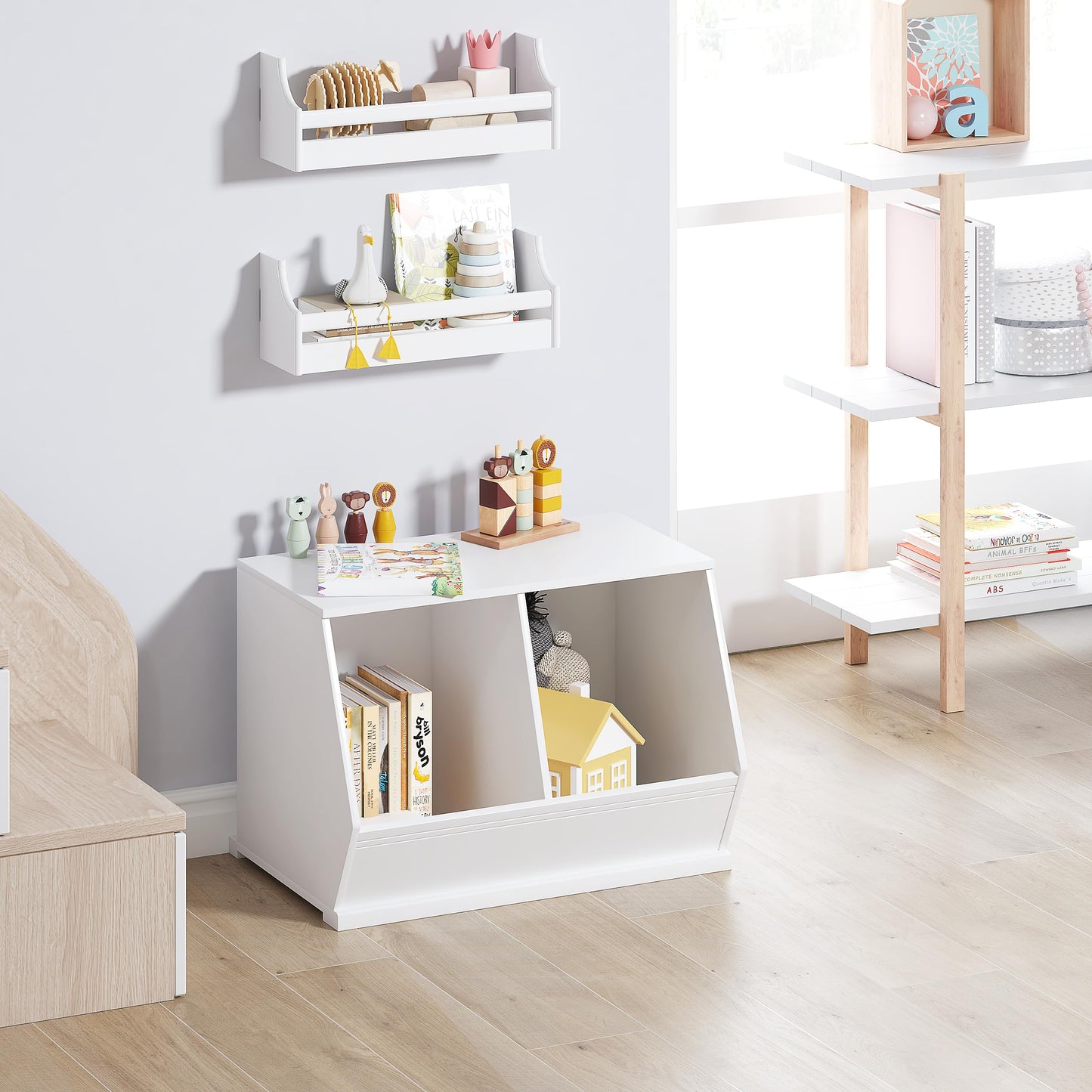 UTEX Stackable Toy Storage Cabinet, Wooden Cubby Organizer, White Shelf for Playroom, Bedroom, Living Room, Nursery, 2 Cubes