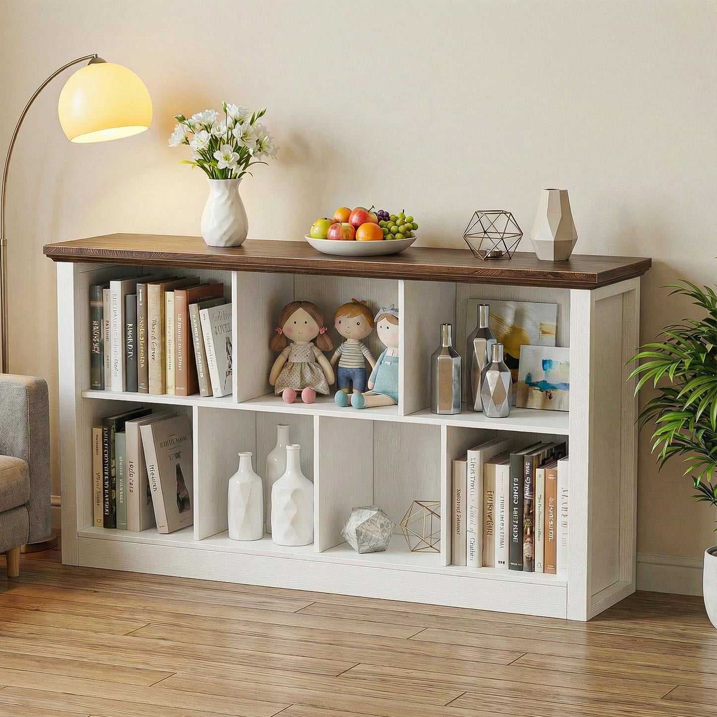 Unikito 7 Cube Storage Book Shelf - 47" Wide Wood Cube Storage Organizer, Wooden 2 Tiers Floor Standing Low Bookcase for Living Room, Bedroom, Home Office, Kids Room, Rustic White and Brown