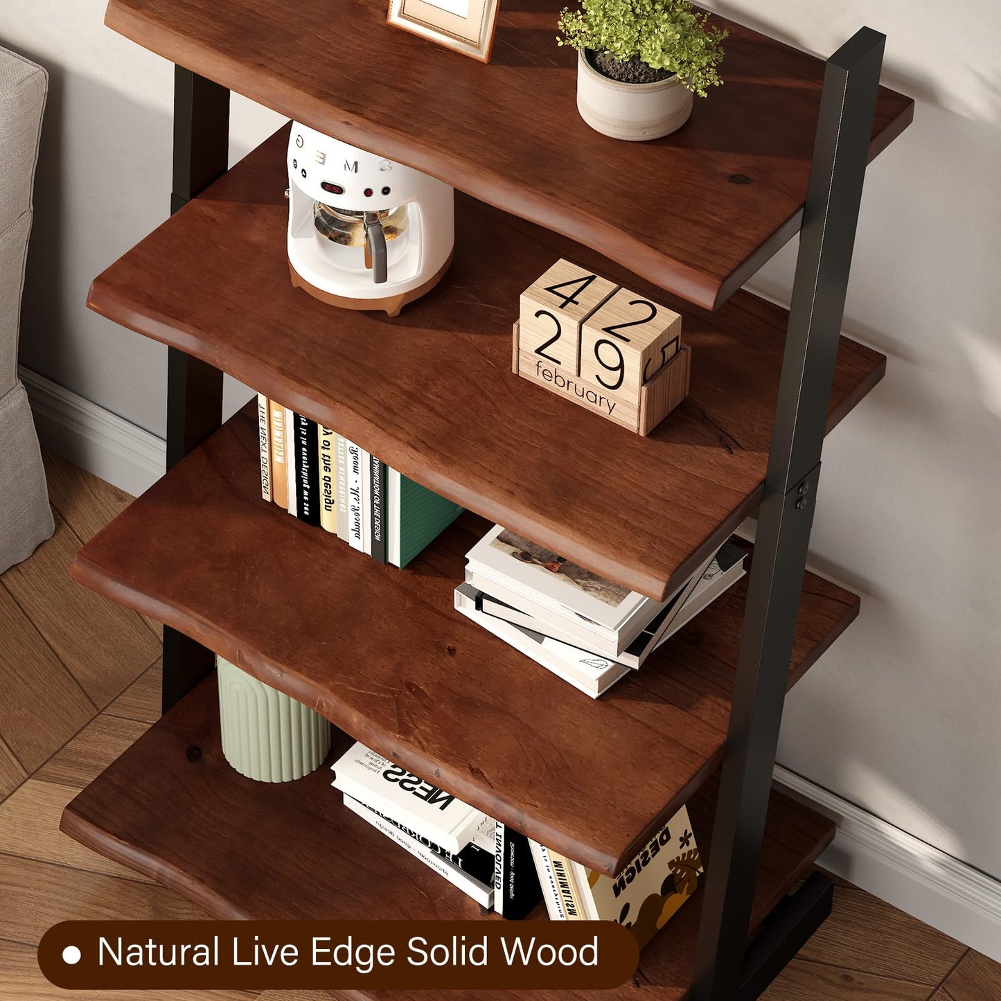 IBF 4-Tier Solid Wood Ladder Bookshelf with Natural Live Edge
