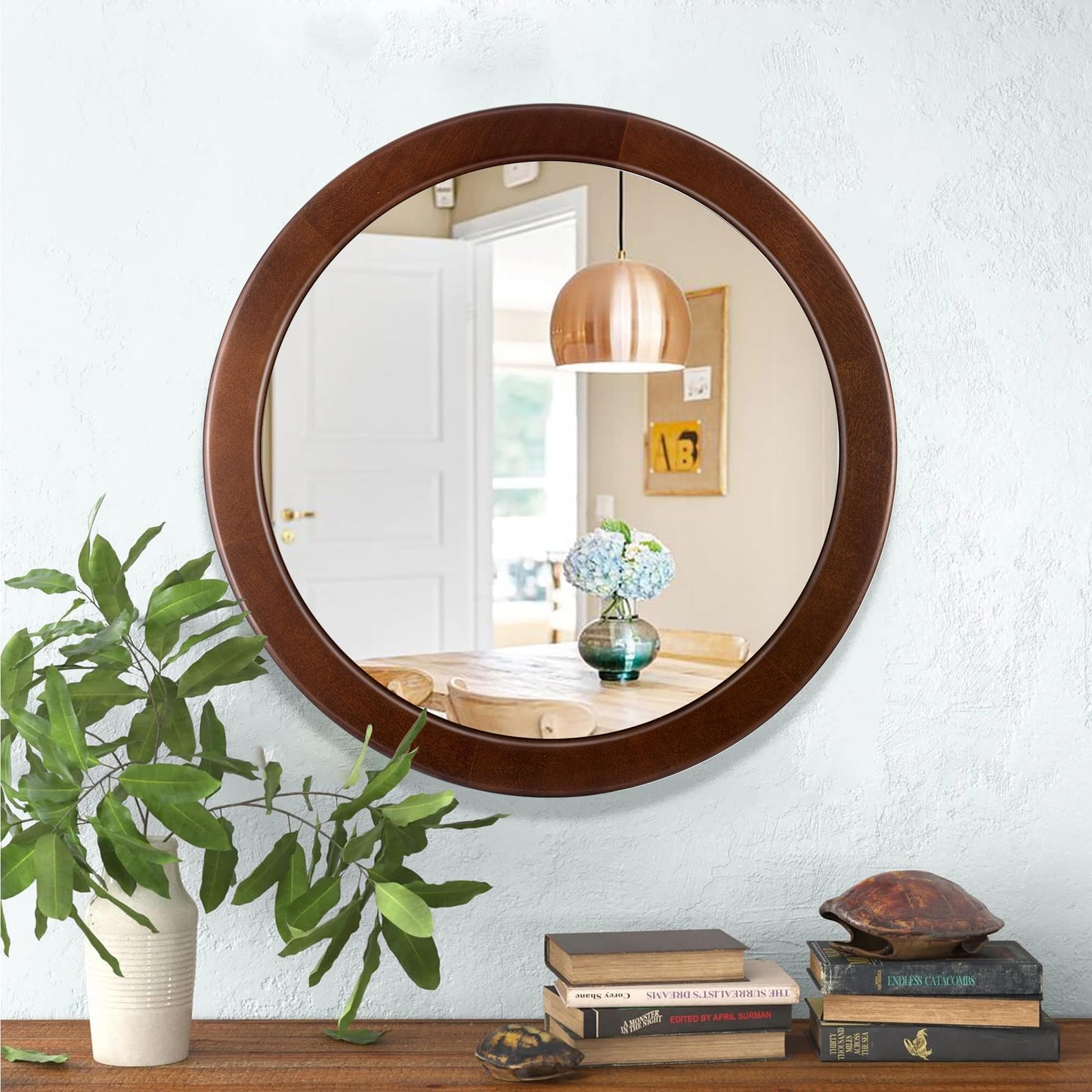CULER Round Mirrors 30 Inch,Wood Vanity Wall Rustic Mirror with Walnut Frame, Wooden Mirror for Bathroom Bedroom Living Room Or Entryway(Walnut Brown)