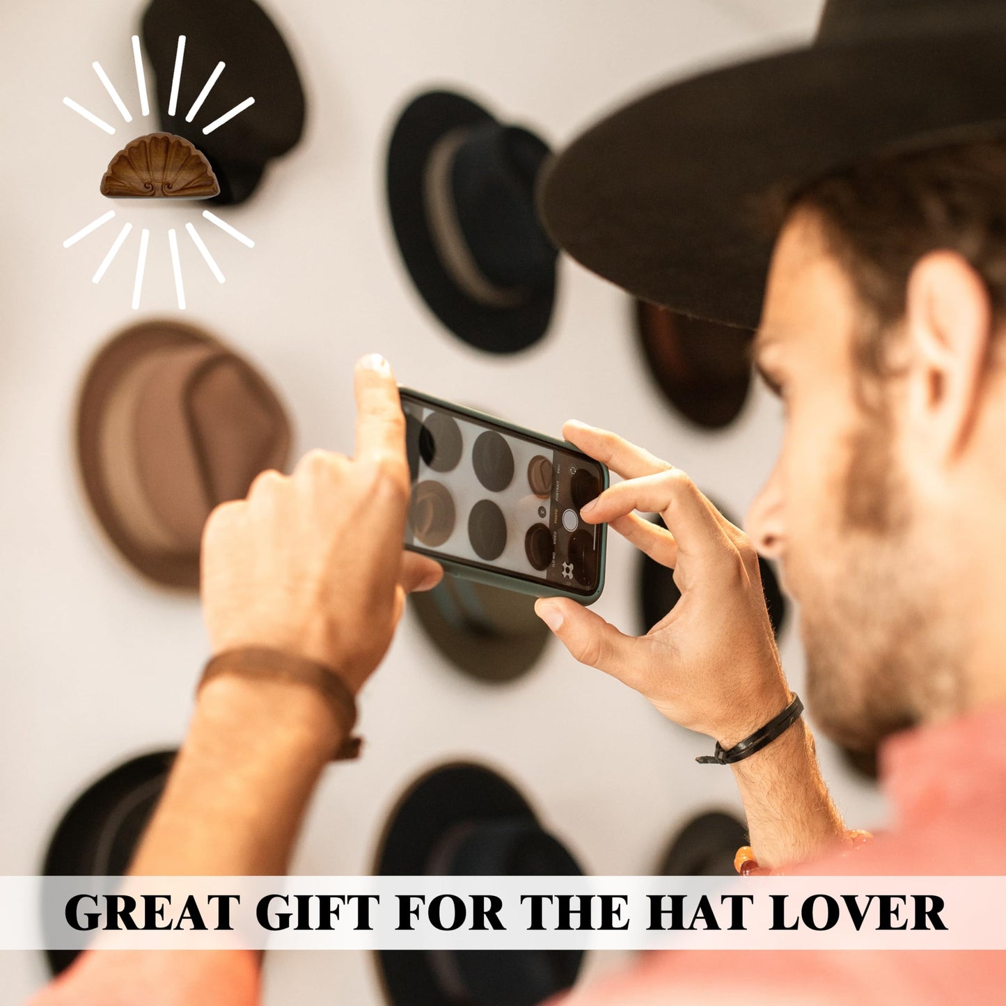 HHMKK Hat Hooks for Baseball Caps, Retro Hat Holder Wooden for Wall Display, Hat Hanger Organizer for Cowboy Hat Beach Hats, Natural Curved Hat Rack for Wall Door Closet - 2 Pack