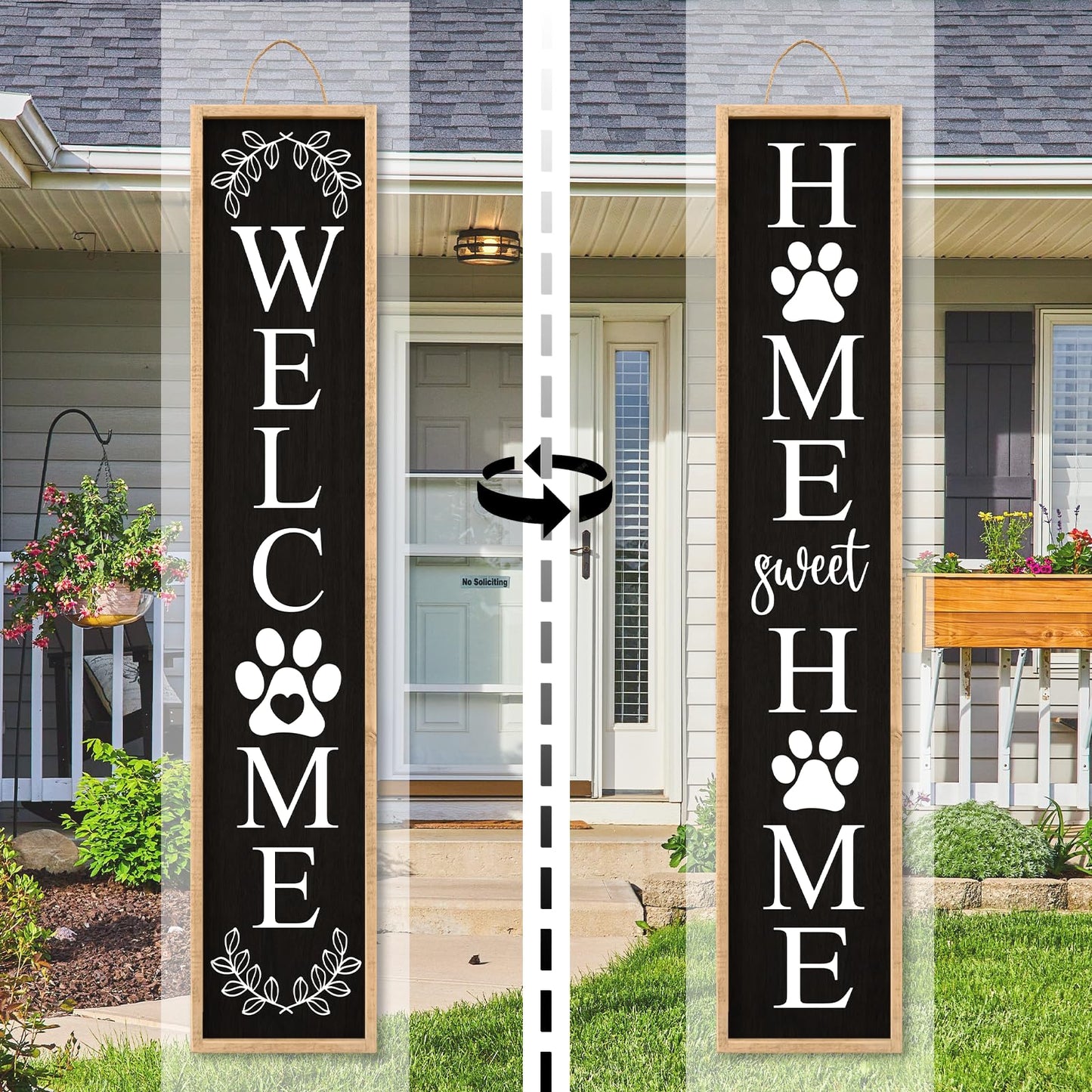 Aurapeak Outdoor Welcome Sign for Front Porch Door Decor, Home Sweet Home Sign Door Outside Standing Large 2 Sided Dog Paw Farmhouse Modern Wooden Frame Vertical Leaner (45"X9" Wood Black)