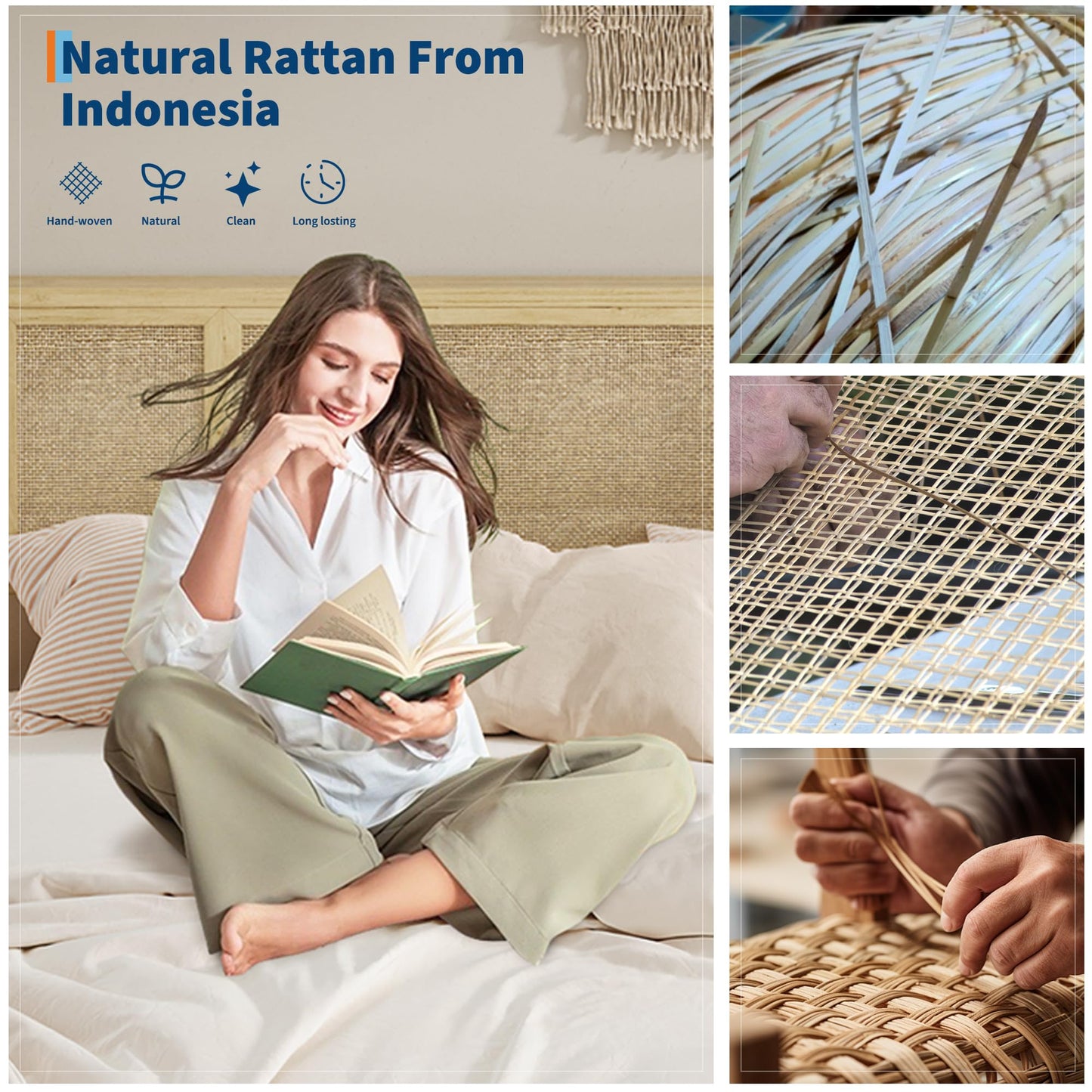 GAOMON Full Size Rattan Bed Frame with Natural Woven Headboard, Strong Wooden Slats and Metal Platform Base, Quiet Design, No Box Spring Required, 4 Storage Drawers