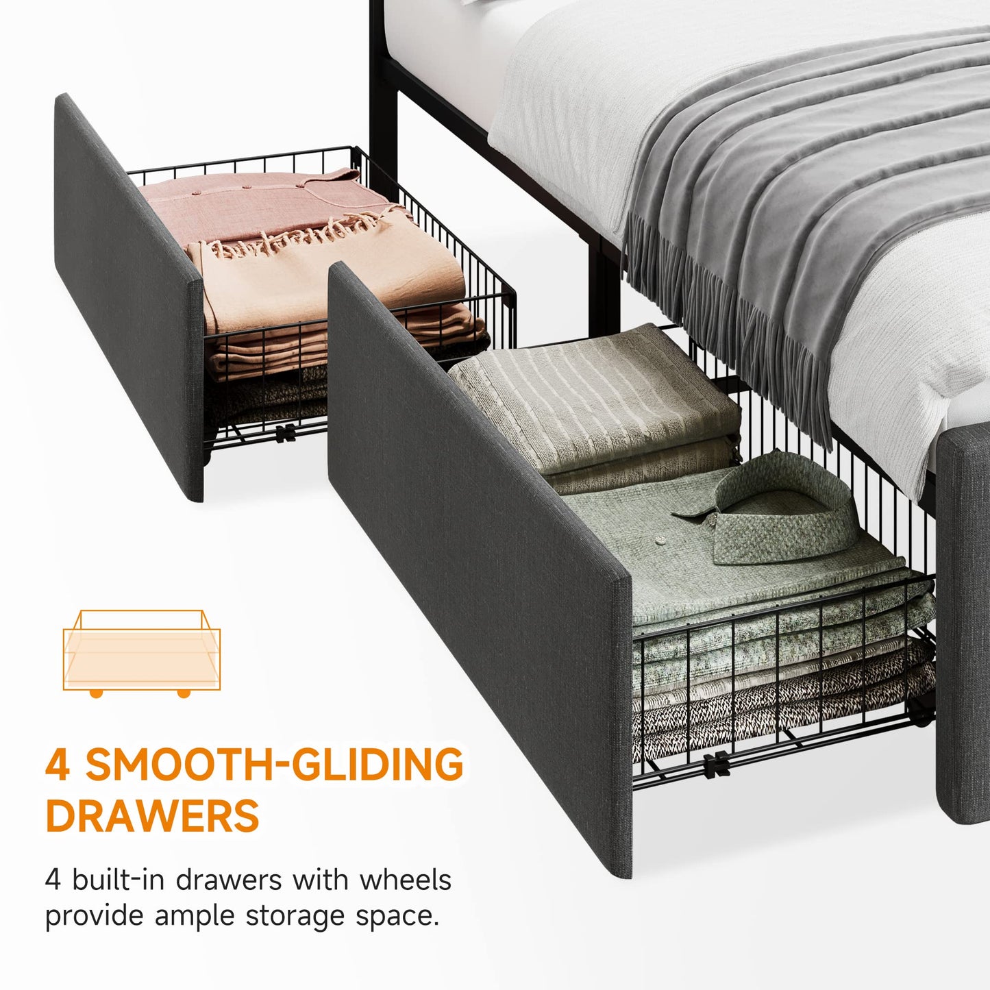 GAOMON Queen Bed Frame with 4 Storage Drawers and Adjustable Headboard, Grey Bed Frame Queen Size Platform Bed Frame with Large Storage and Wooden Slats Support, No Box Spring Needed, Noise-Free