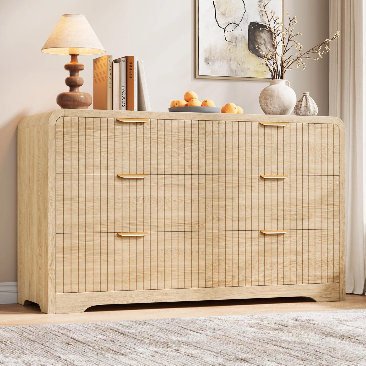 Jocoevol Modern 6 Drawer Dresser, 47" Wide Wood Dressers & Chests of Drawers Curved Profile Design, Mid Century Modern Fluted Dresser for Bedroom, Natural Oak