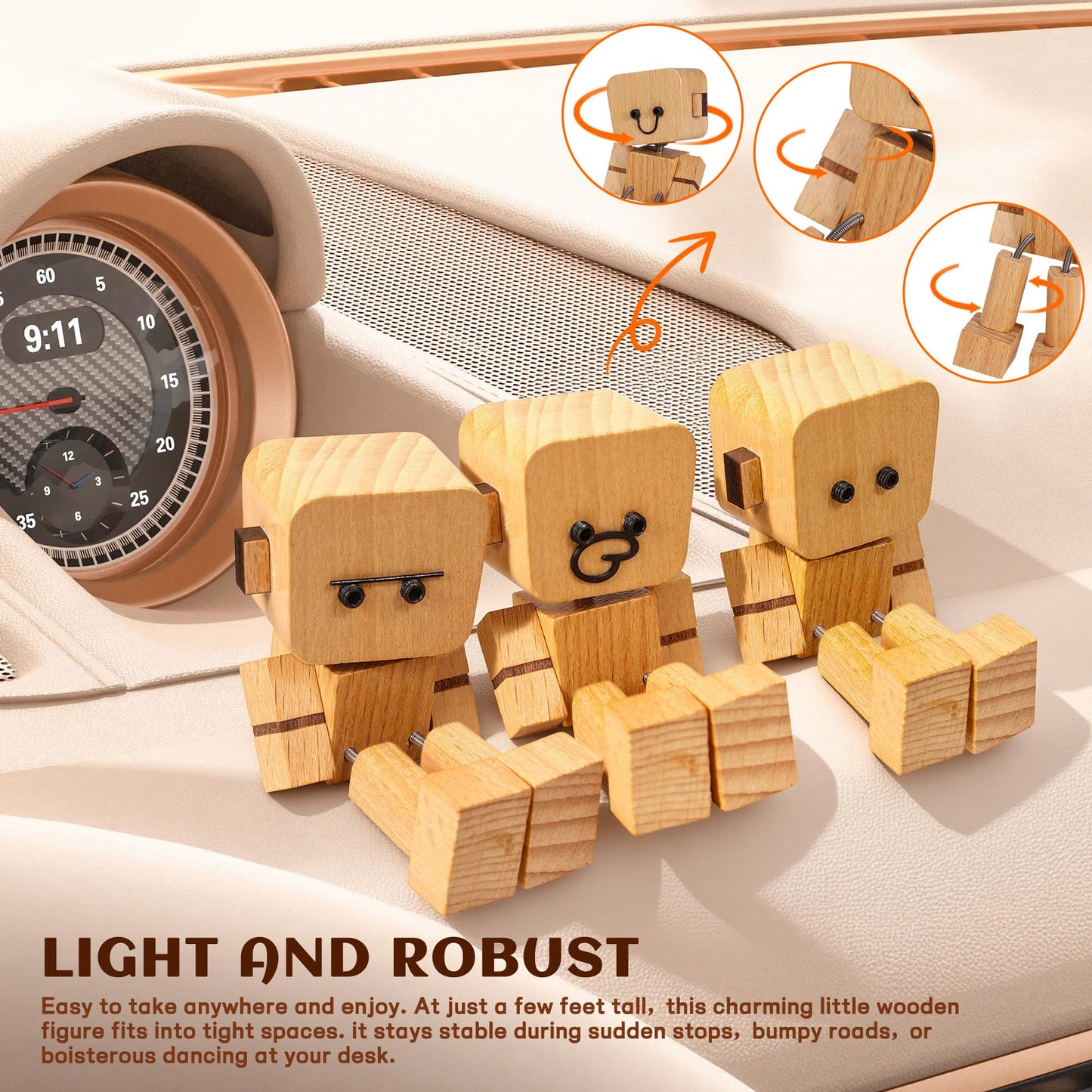 4 pcs Shaking Wooden Man Figurine,Wooden Figure with Spring Legs, Shaking feet Wood Doll, Funny Desktop Decor with 12 PCS Expressions, Car Dashboard Decorations(Beech)