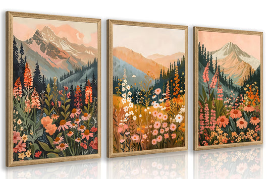 kilamino Wood Framed Boho Daisy Flower Wall Art, Colorful Mountain Floral Wall Decor, Nature Wildflower Landscape Canvas Paintings, Forest Botanical Canvas Painting for Living Room Bedroom 12"x16"x3