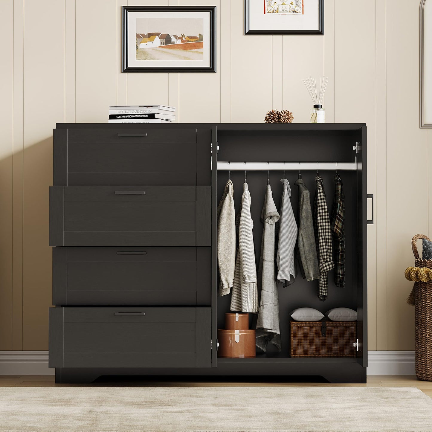 IDEALHOUSE 43.3'' H Armoire Wardrobe Closet with 4 Drawers and 2 Doors, Hanging Rod, Multifunctional Wooden Dresser with Storage Closet, Bathroom Cabinet for Bedroom, Black